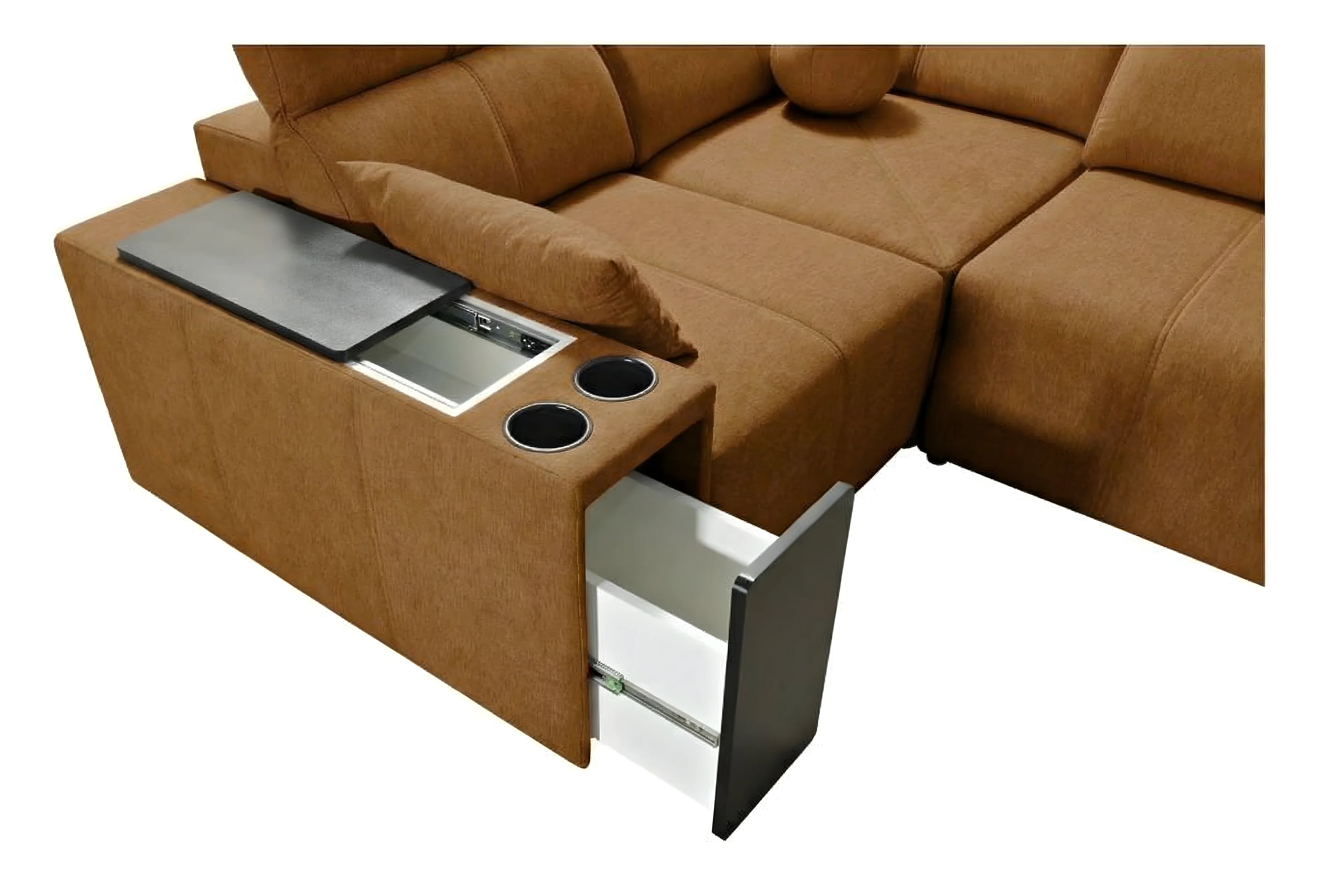 Canapé d'angle marron en tissu avec accoudoir et tiroir de rangement intégré. Design moderne, mobilier salon