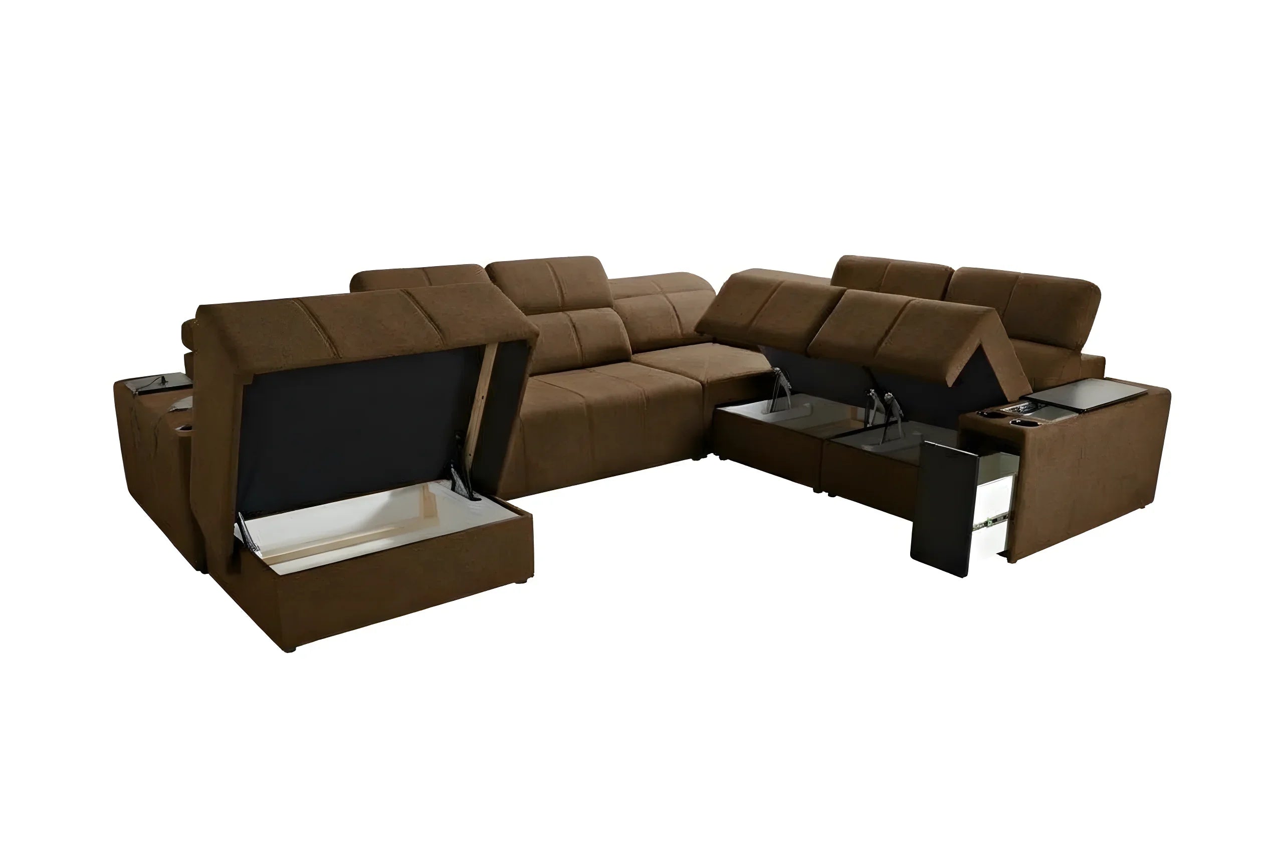 Canapé d'angle marron en tissu avec assises capitonnées et rangements ouverts, idéal salon