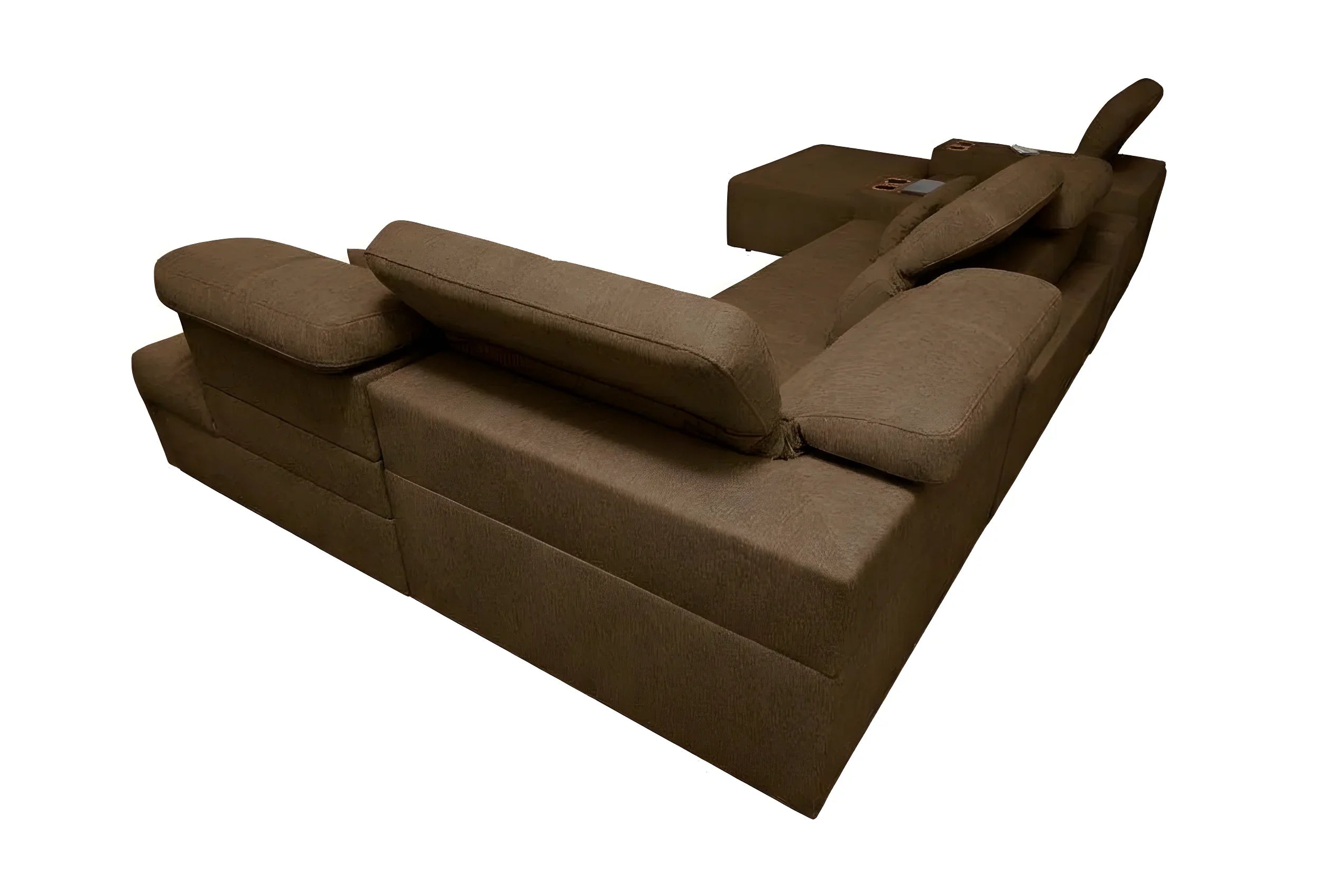 Canapé d'angle marron en tissu texturé, design contemporain, coussins moelleux. Idéal salon cosy.