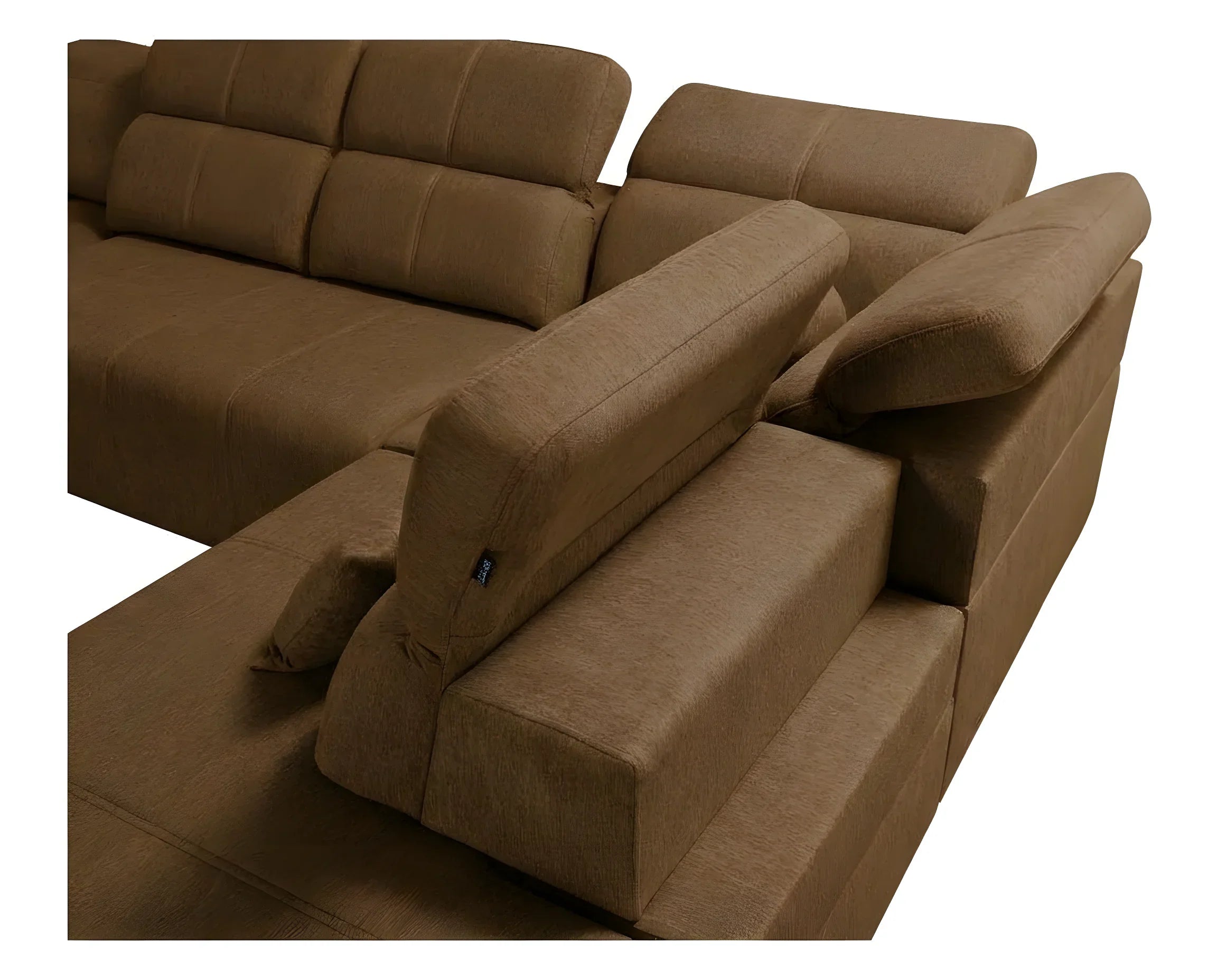 Canapé d'angle marron en tissu doux et confortable, idéal salon. Forme L, coussins moelleux, ambiance chaleureuse.