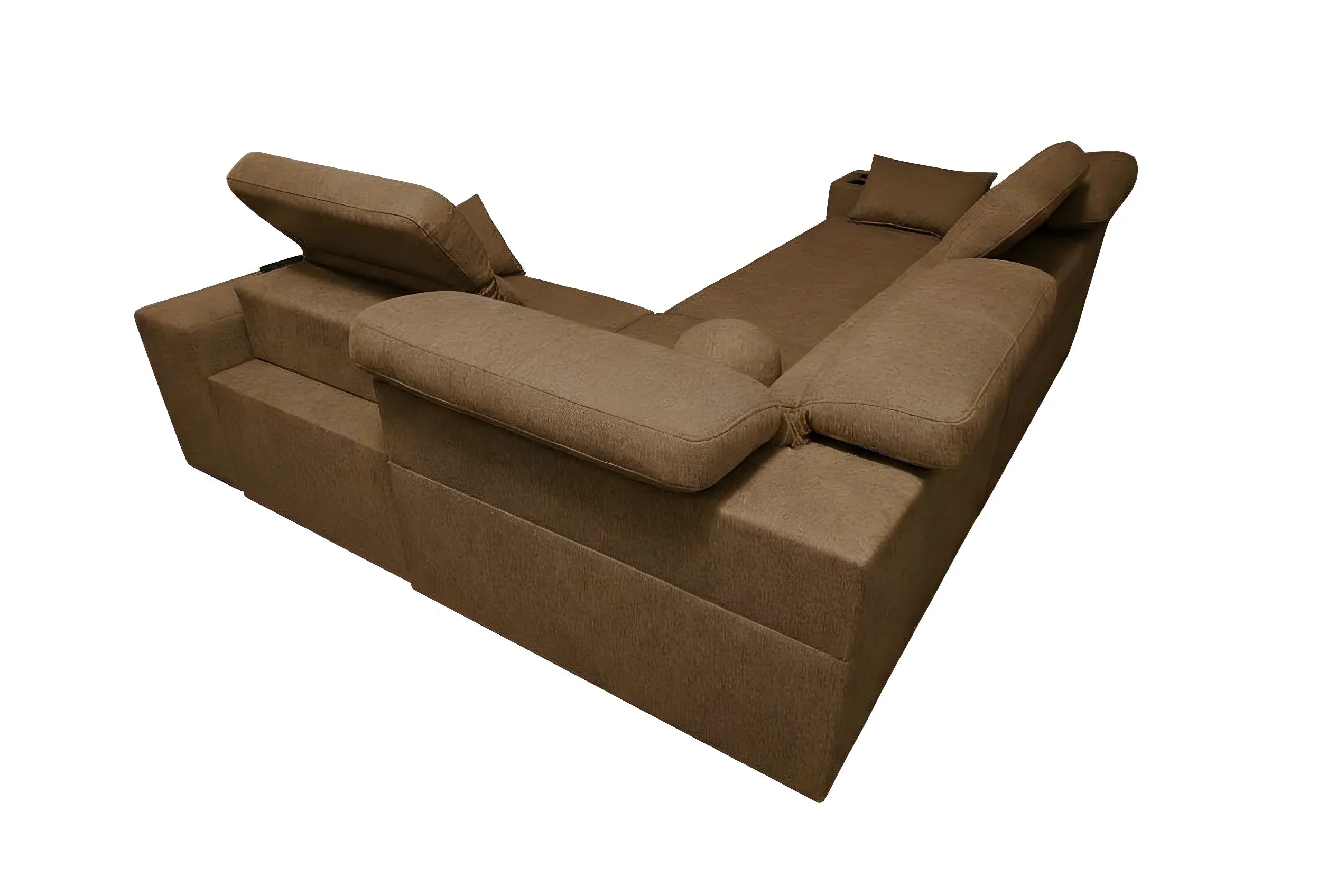 Canapé d'angle marron en tissu doux et confortable, idéal pour salon moderne, avec accoudoirs réglables et coussin