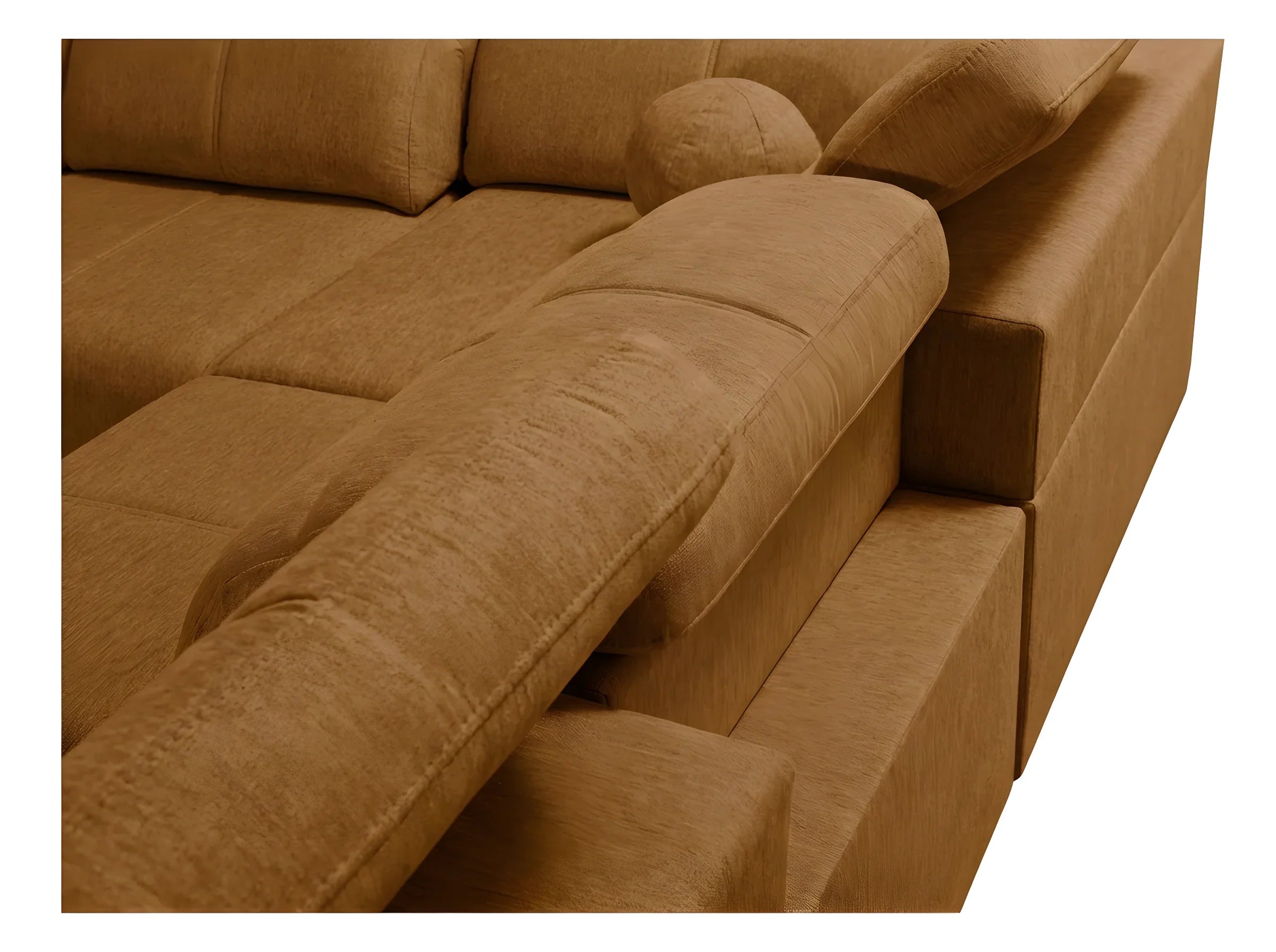 Canapé d'angle marron en tissu doux, coussins confortables, idéal pour salon moderne et détente.