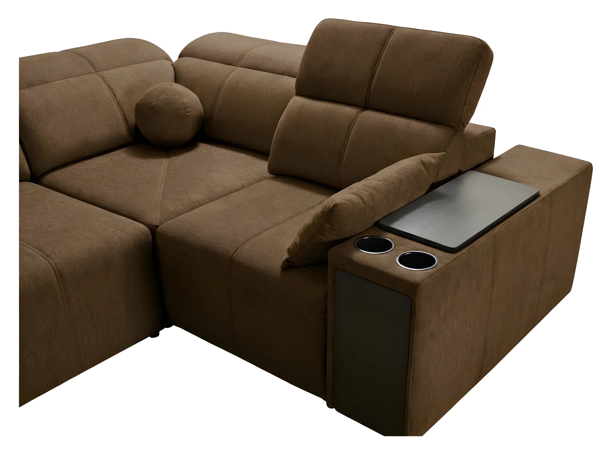 Canapé d'angle marron en tissu microfibre, avec coussins, accoudoir et tablettes pour salon moderne.