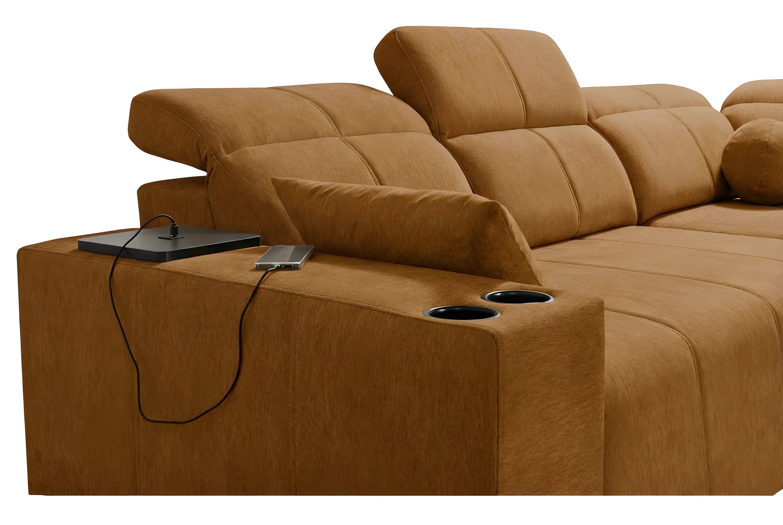Canapé d'angle marron en tissu microfibre, design moderne avec coussins et porte-gobelets intégrés dans le coin salon