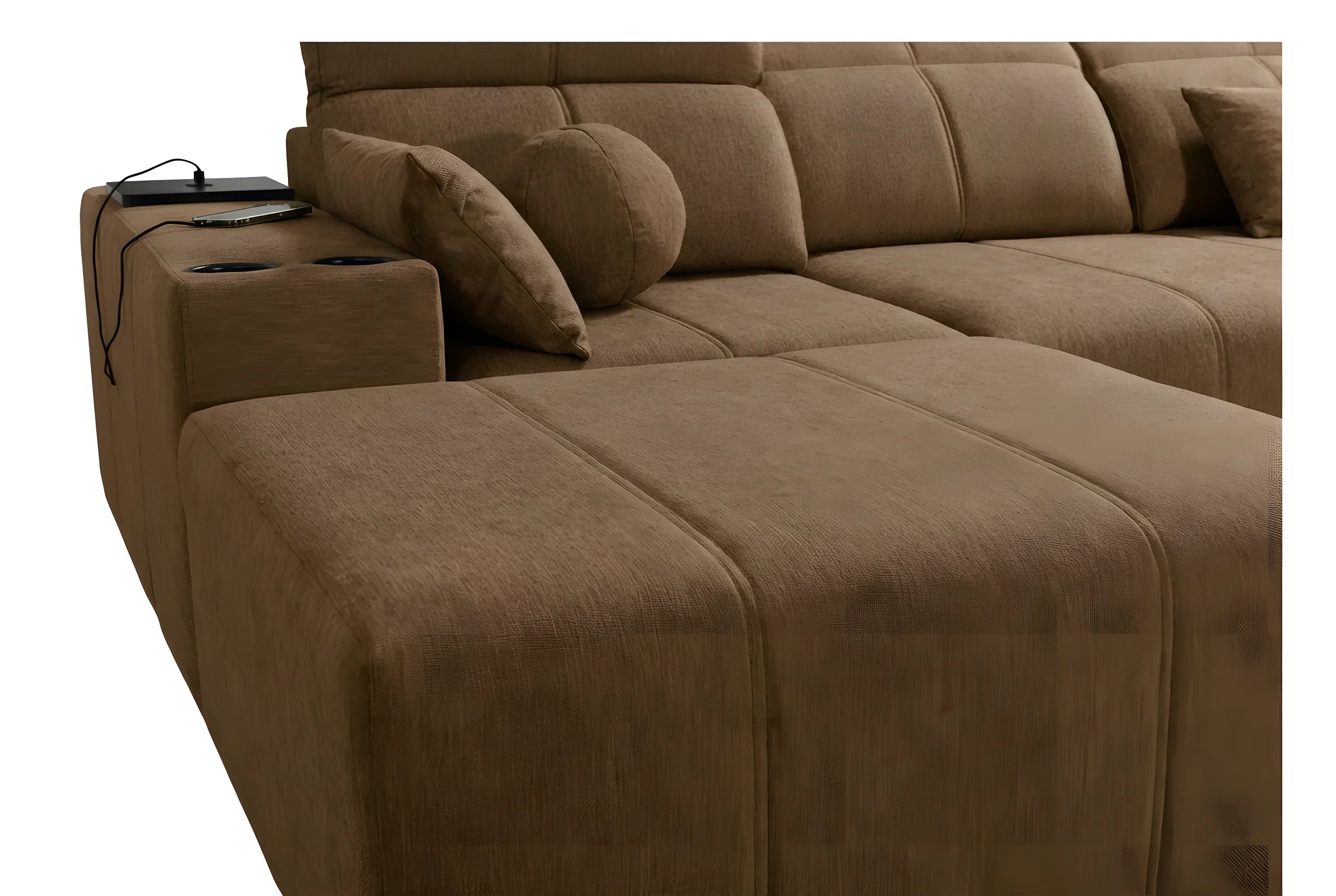 Canapé d'angle marron en tissu avec accoudoir et chargeur pour salon, style moderne et confortable