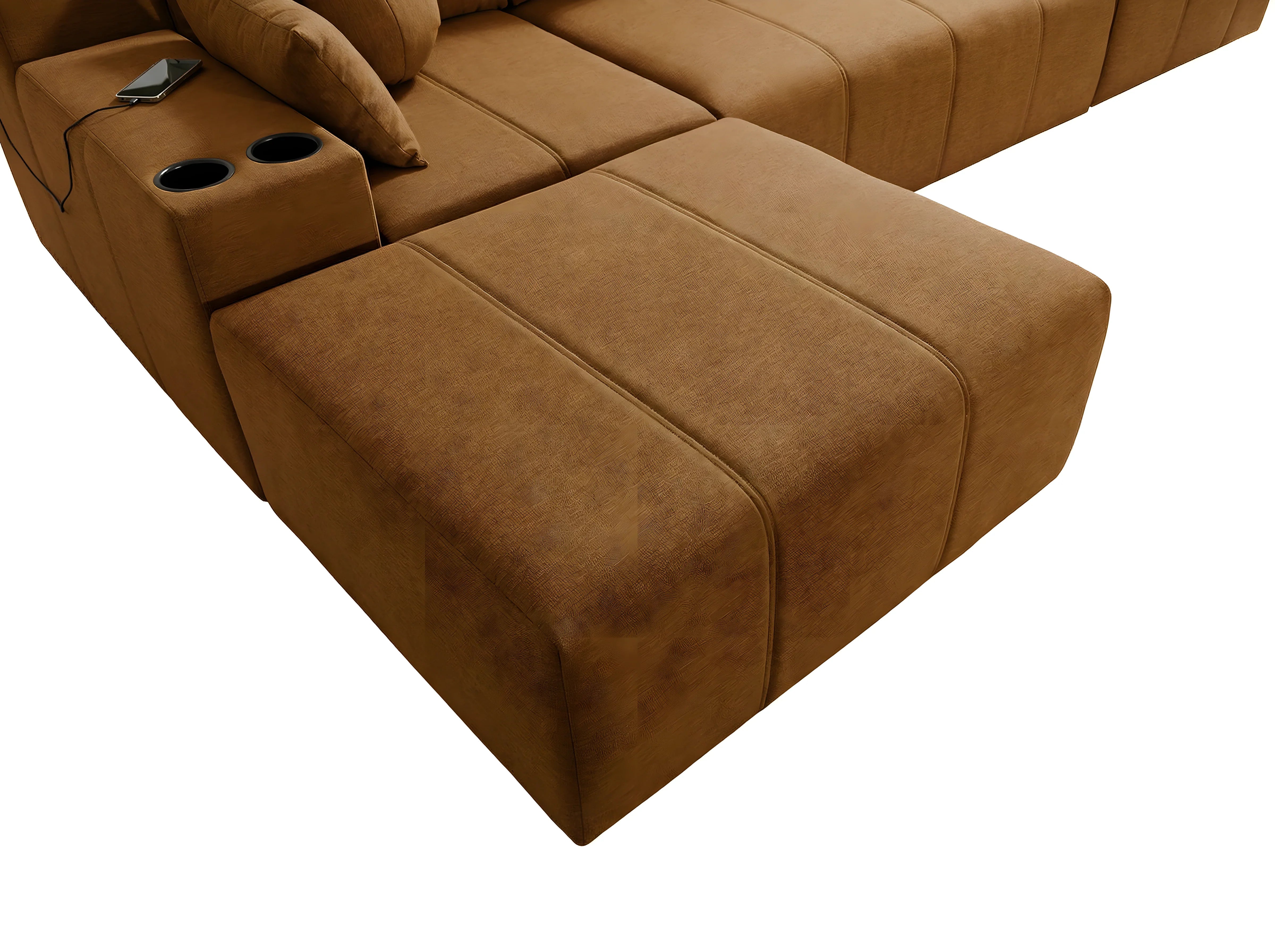 Canapé d'angle marron en tissu texturé avec accoudoir, détails de couture, idéal salon, design minimaliste et porte-gobelets intégrés.
