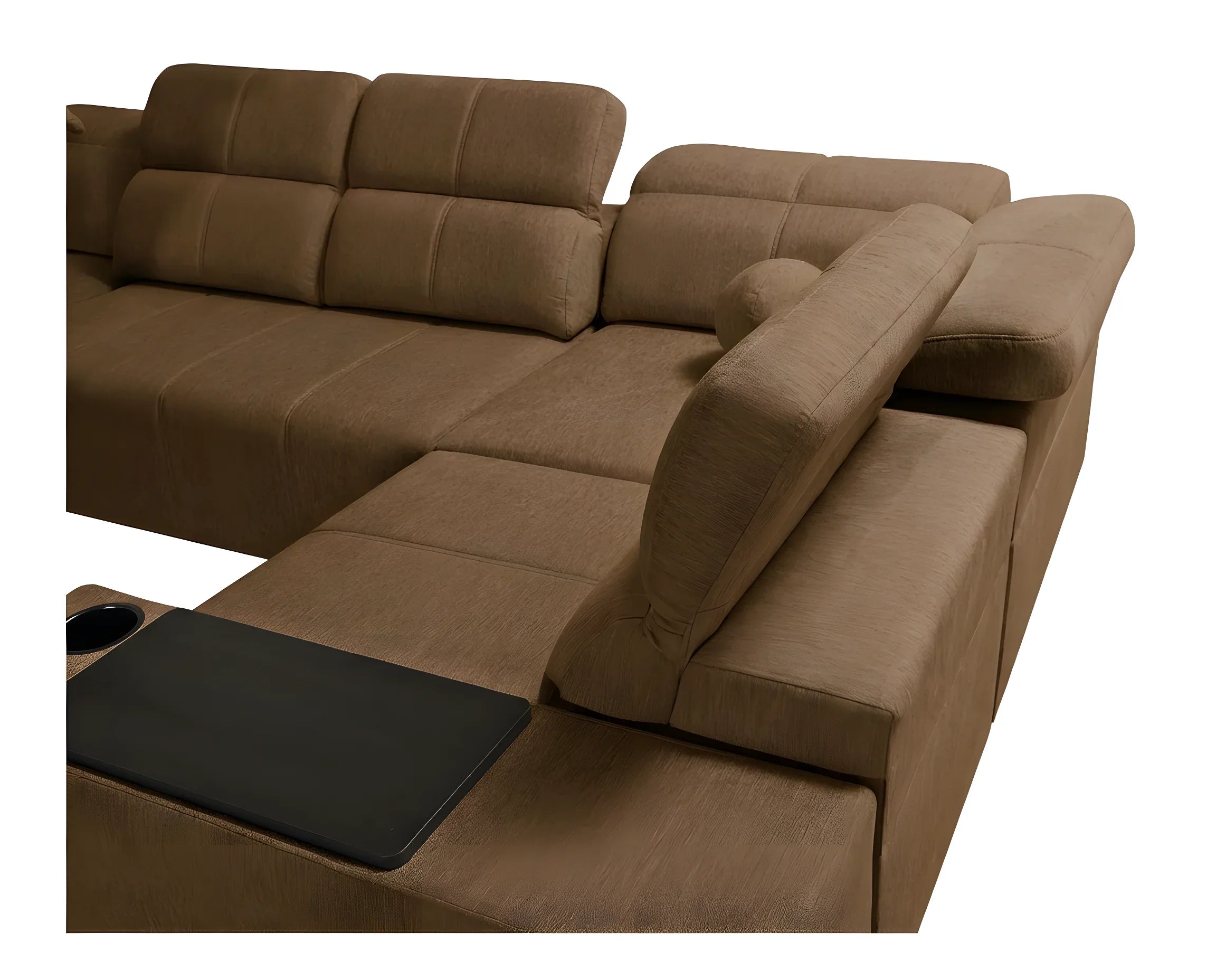 Canapé d'angle marron en tissu avec table noire intégrée, idéal salon contemporain, vue rapprochée