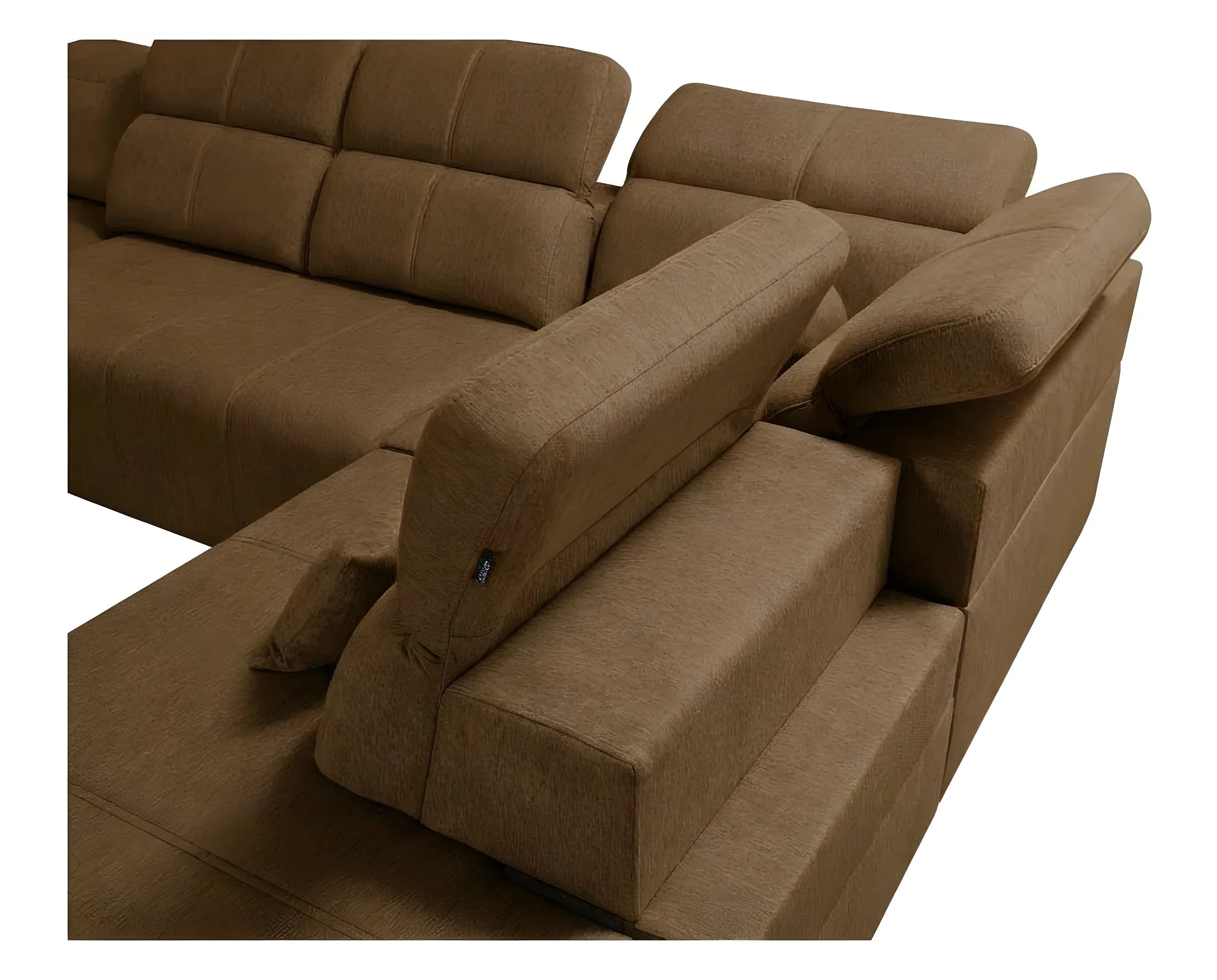 Canapé d'angle marron en tissu texturé, design contemporain avec coussins et accoudoirs réglables, ambiance salon