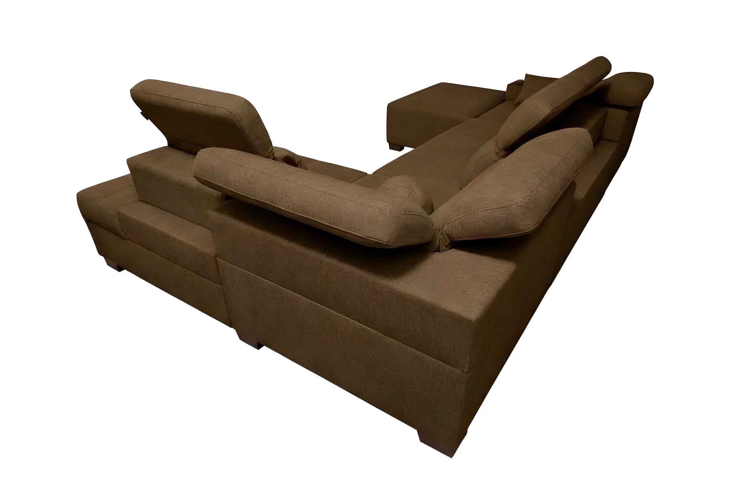 Canapé d'angle marron en tissu texturé, de forme contemporaine, idéal pour salon moderne et confortable.