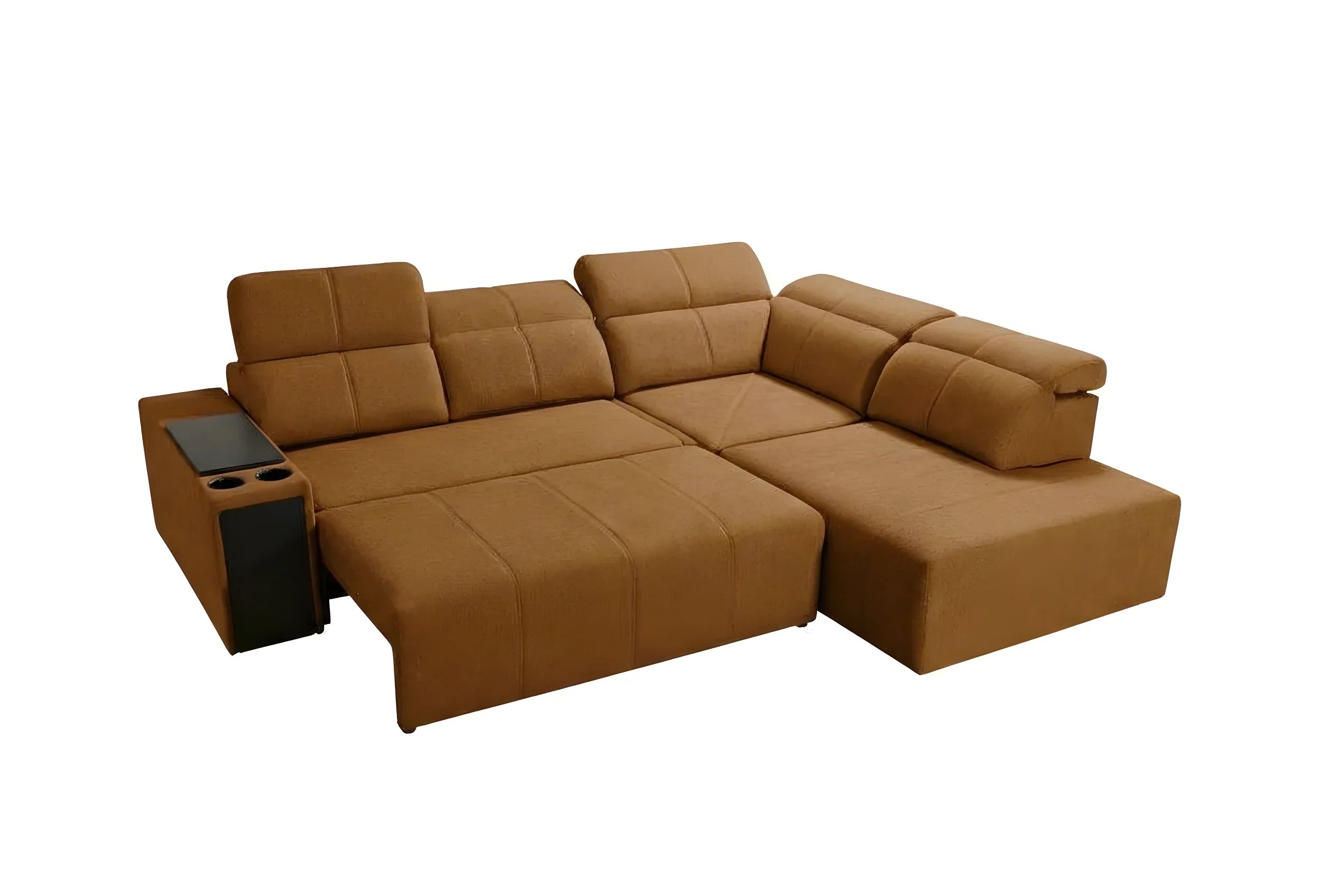 Canapé d'angle marron en tissu design avec accoudoirs, porte-gobelets, pour salon moderne et confortable
