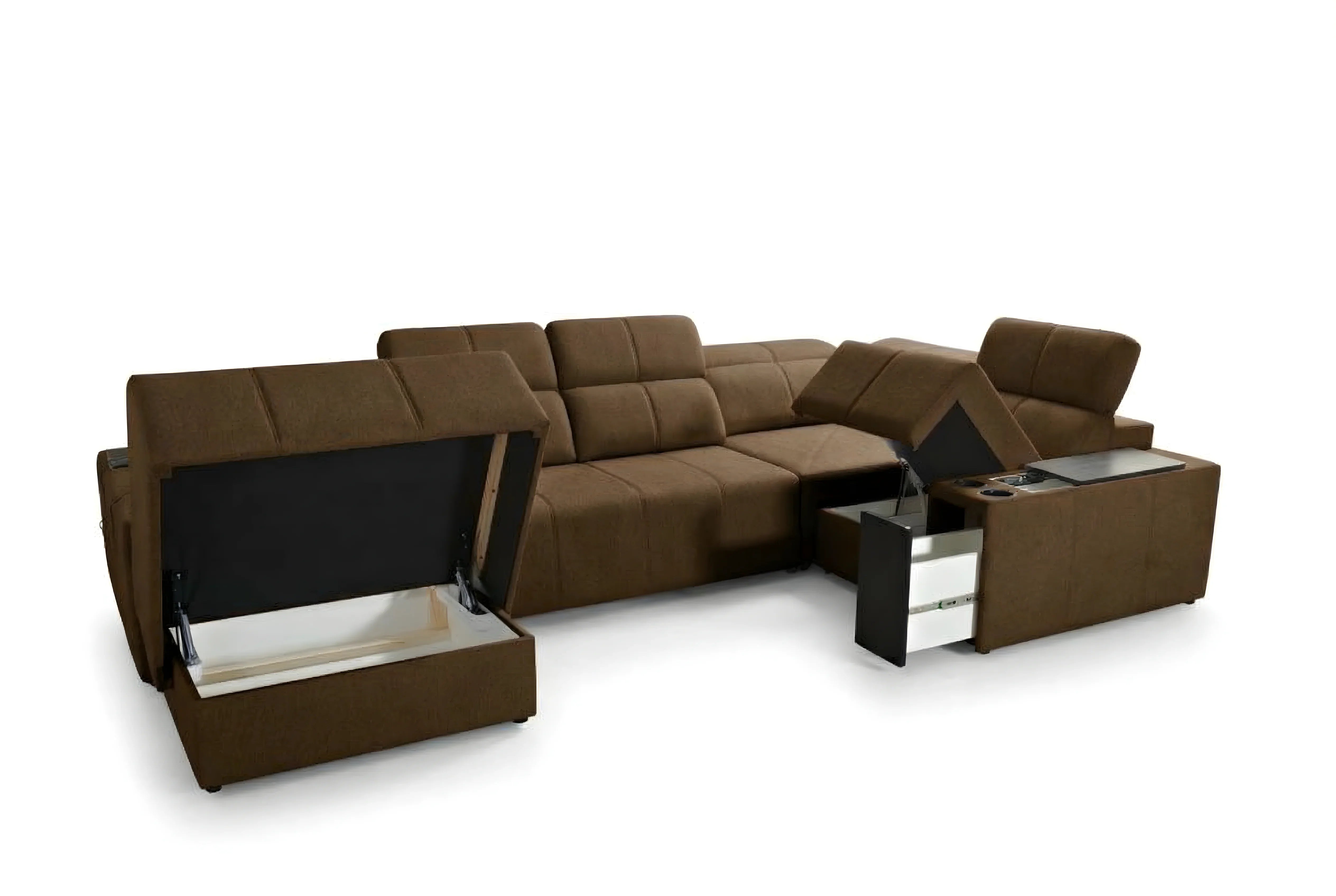 Canapé d'angle marron en tissu avec assise carrée et accoudoirs. Idéal séjour salon avec coffres