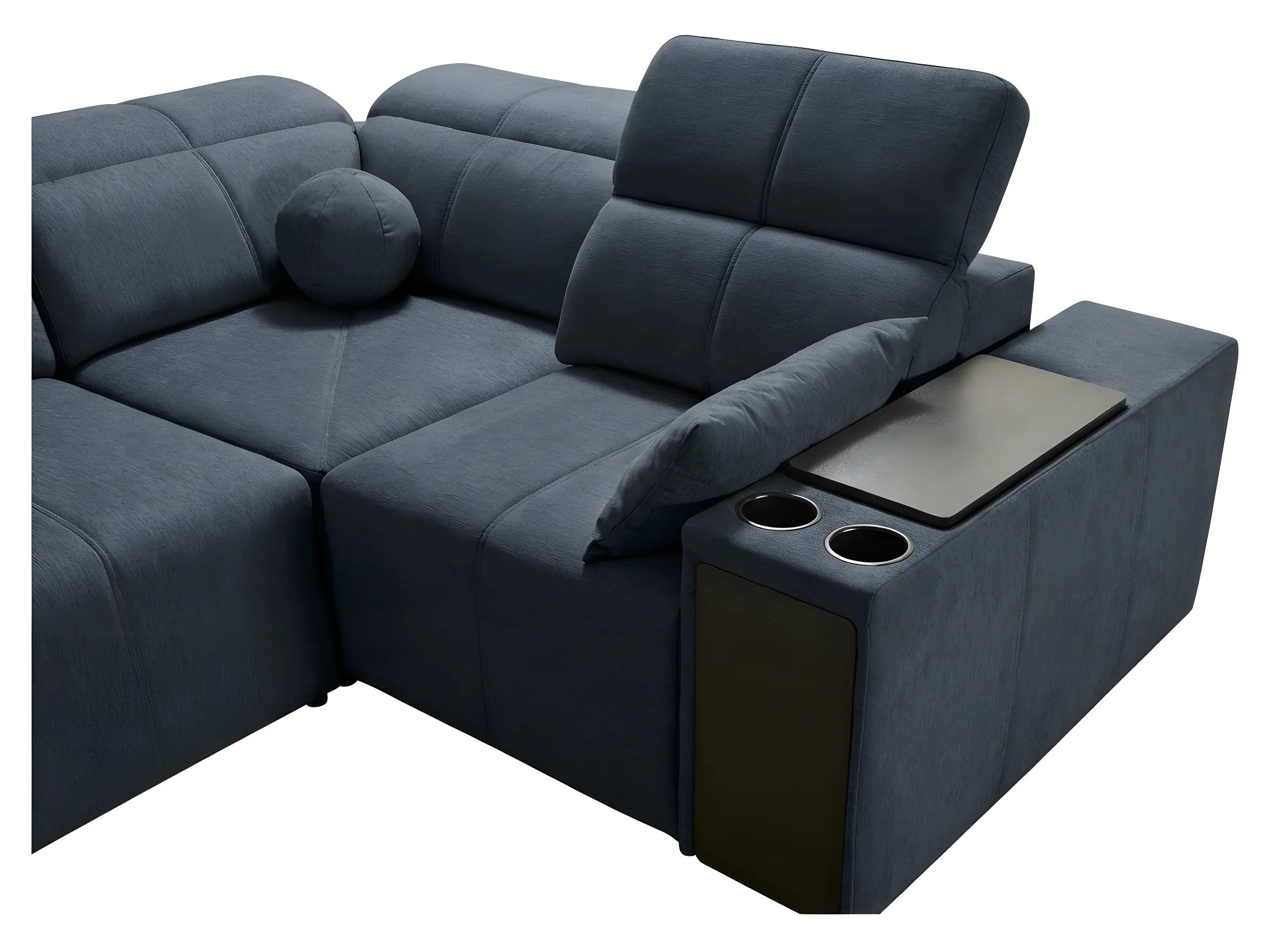 Canapé d'angle modulable bleu canard en tissu, design moderne avec coussins et tablettes pour salon confortable