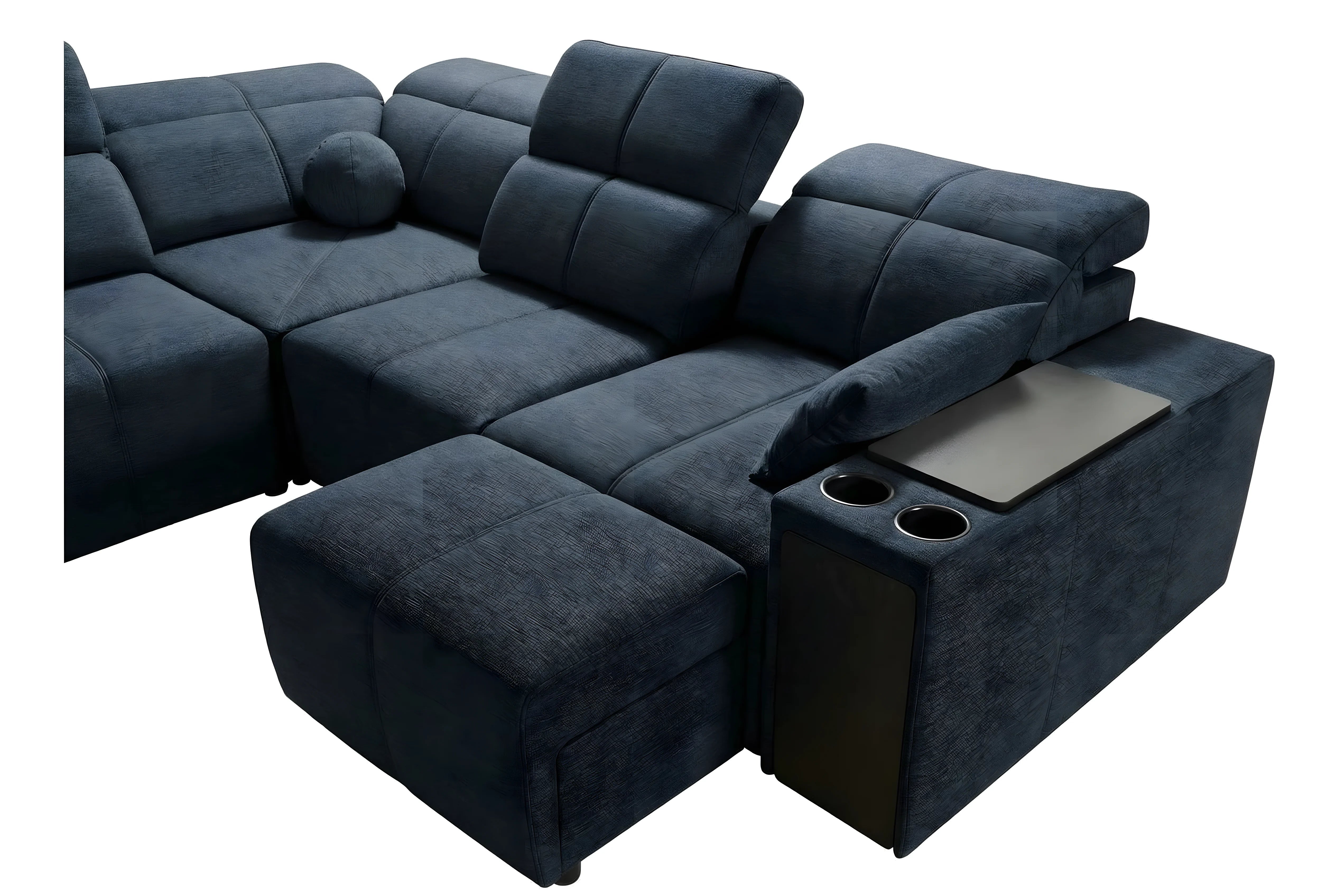 Canapé d'angle bleu canard en tissu avec accoudoirs, porte-gobelets et table intégrée, design moderne et confortable