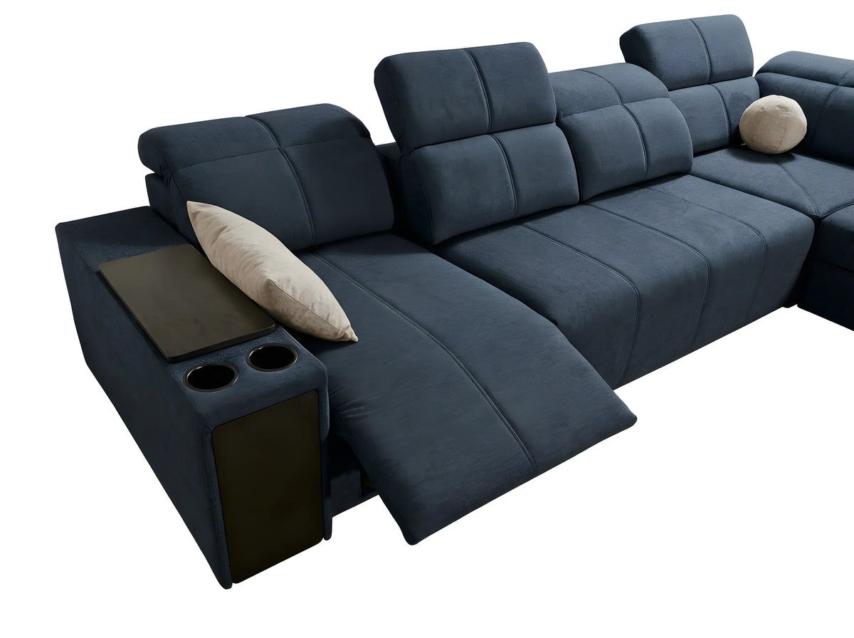 Canapé d'angle en tissu bleu canard, rembourrage confortable, design moderne, idéal salon