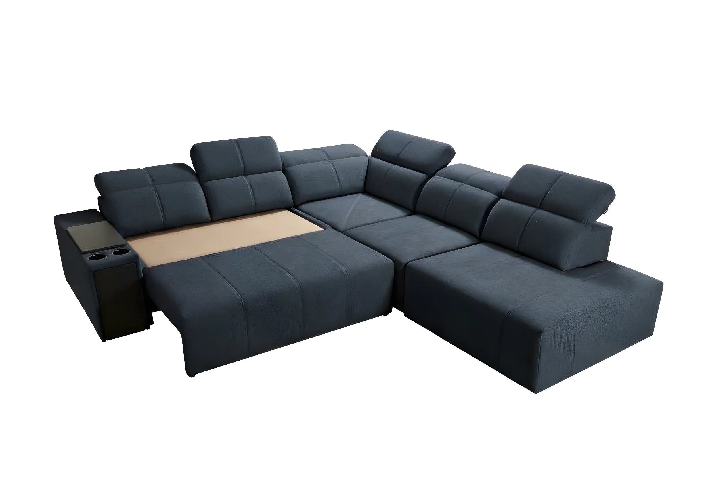Canapé d'angle en tissu bleu foncé avec accoudoirs et espace de rangement, pour salon moderne