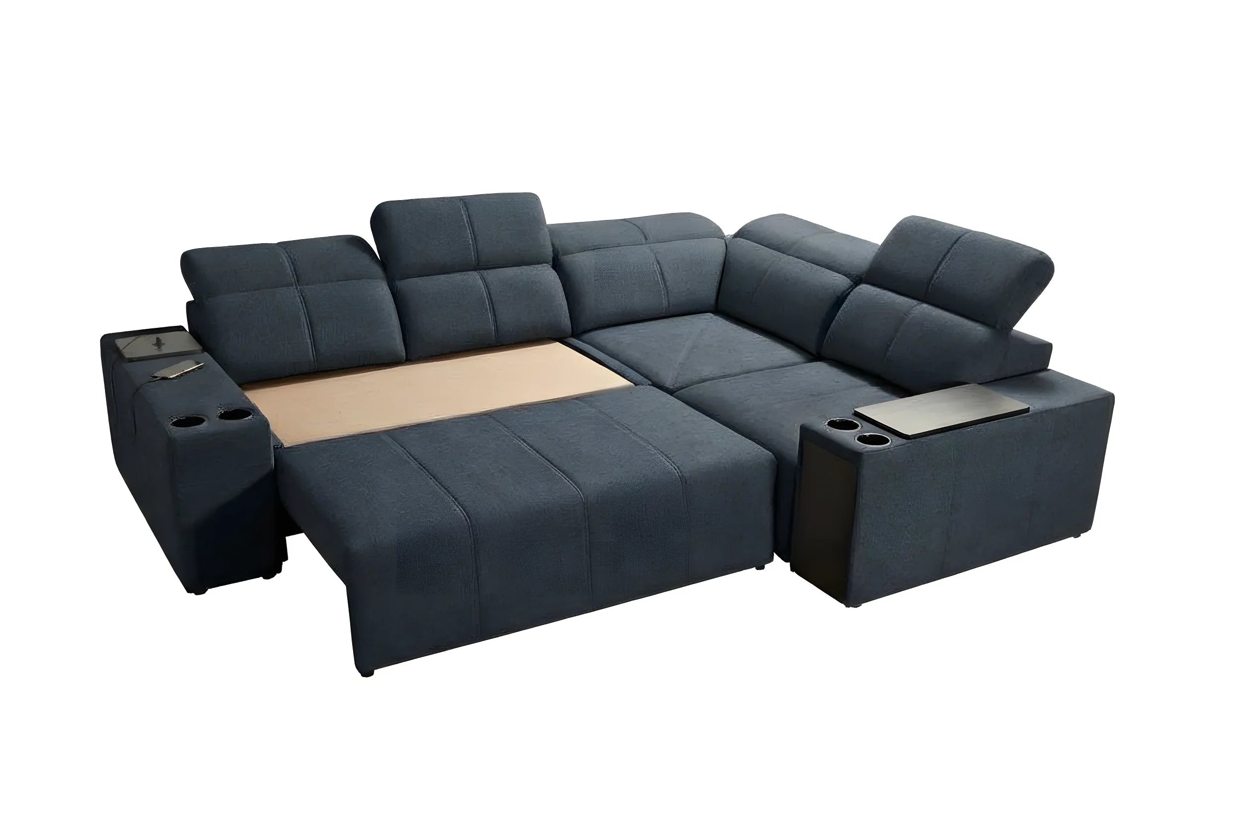 Canapé d'angle en tissu bleu foncé avec tables intégrées, idéal salon moderne, assise confortable, design contemporain.