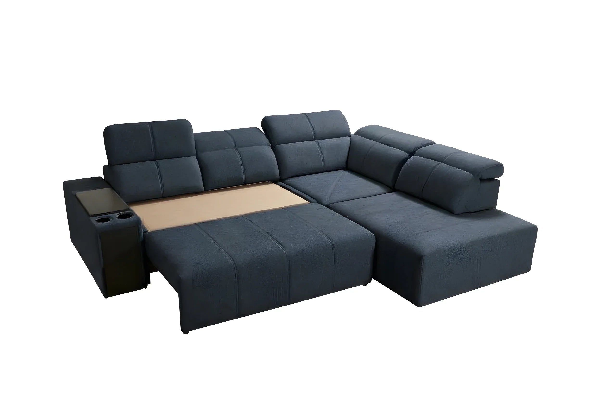Canapé d'angle en tissu bleu foncé avec accoudoirs et porte-gobelets, idéal pour salon moderne
