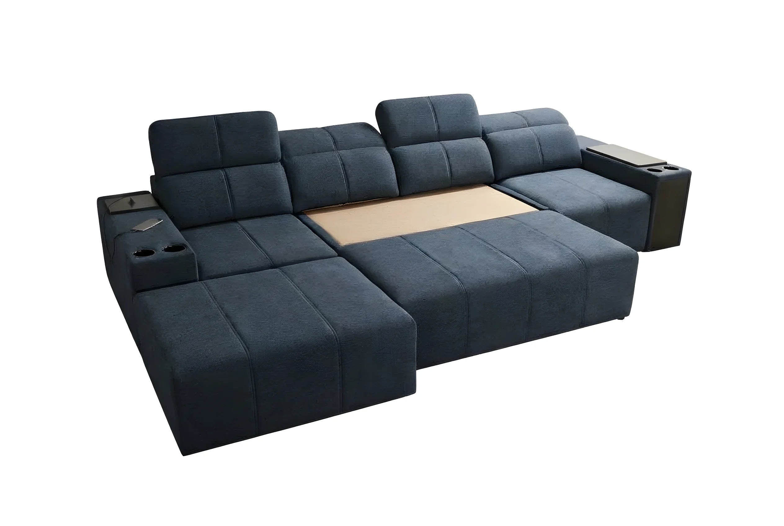 Canapé d'angle bleu en tissu capitonné, avec tables et porte-gobelets pour salon moderne et confortable