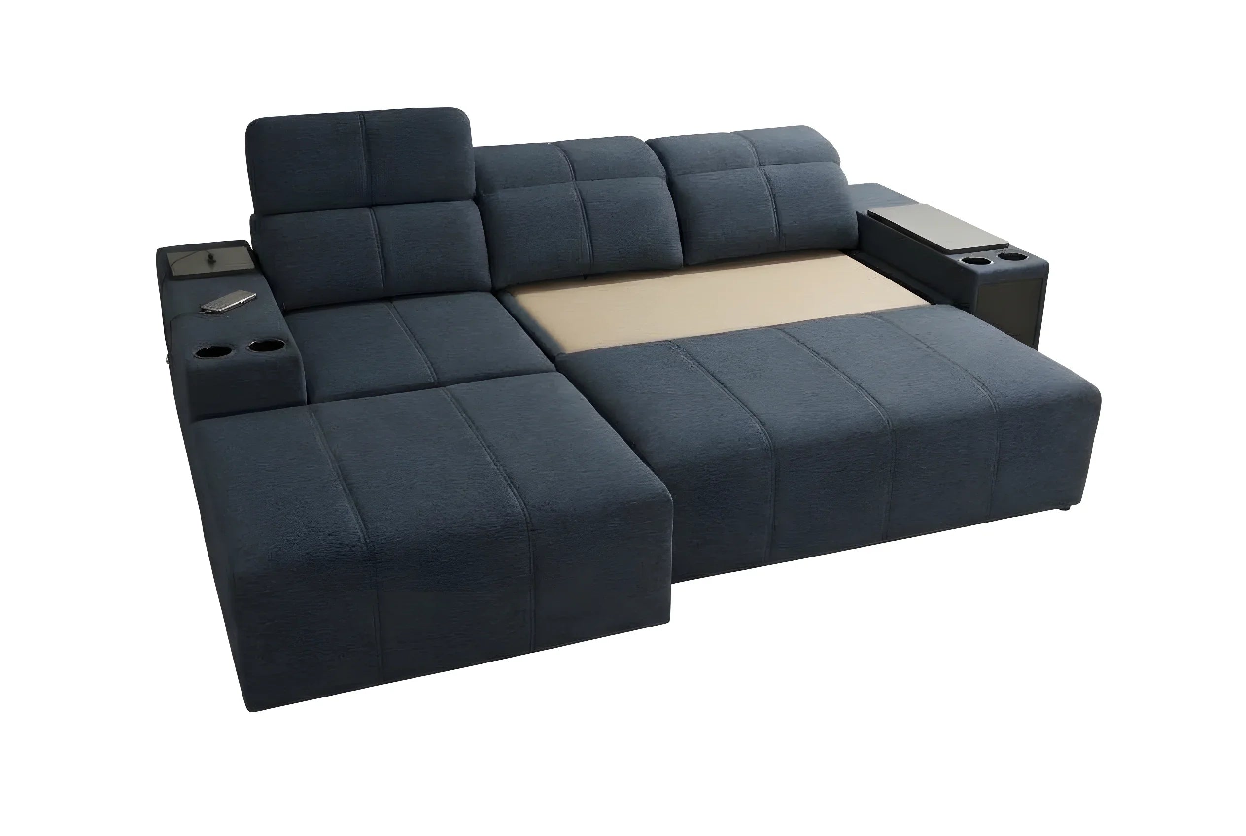 Canapé d'angle bleu en tissu avec accoudoirs, porte-gobelets, ports USB, idéal salon, design moderne.