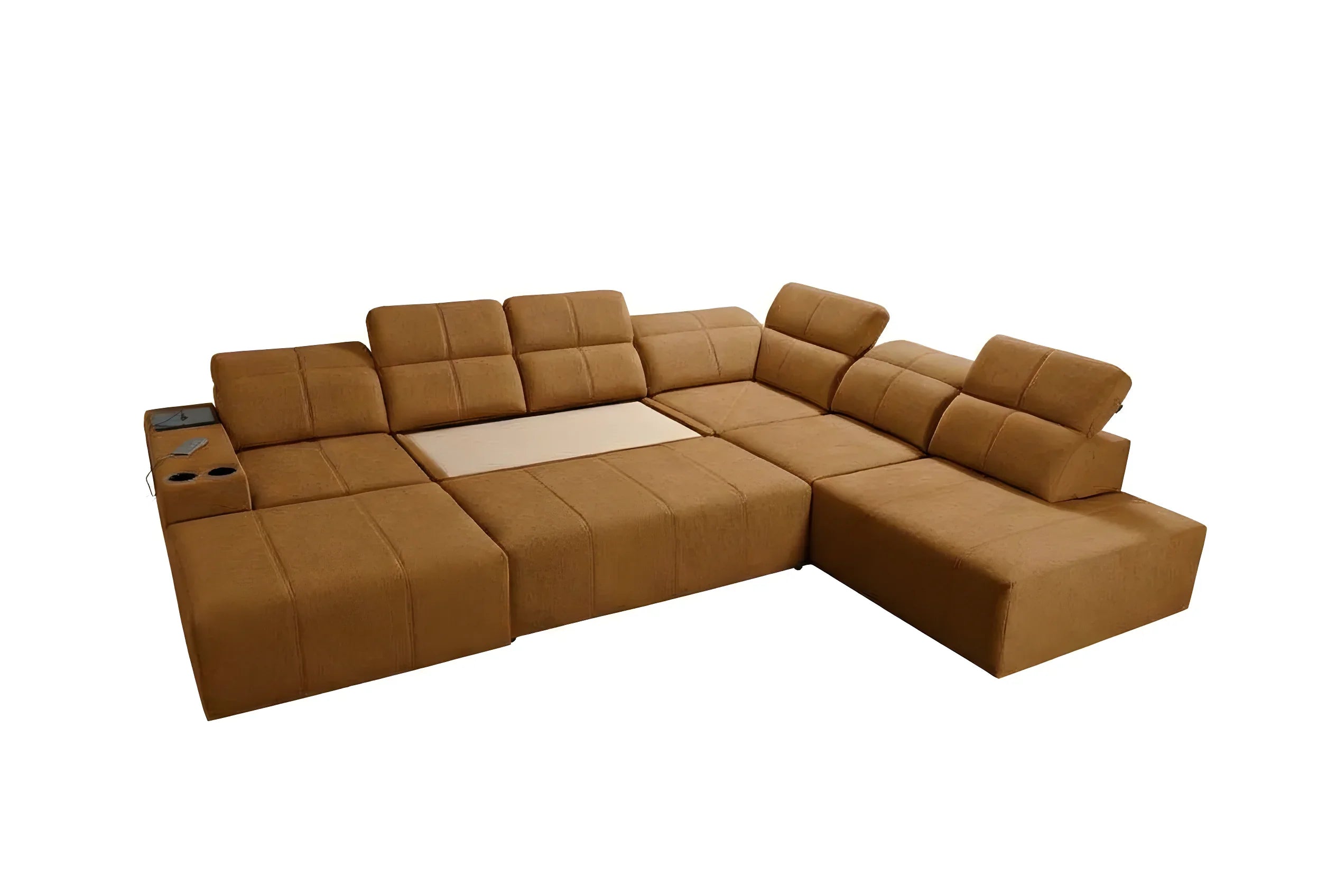 Canapé d'angle en tissu marron clair, design moderne et confortable, idéal salon familial