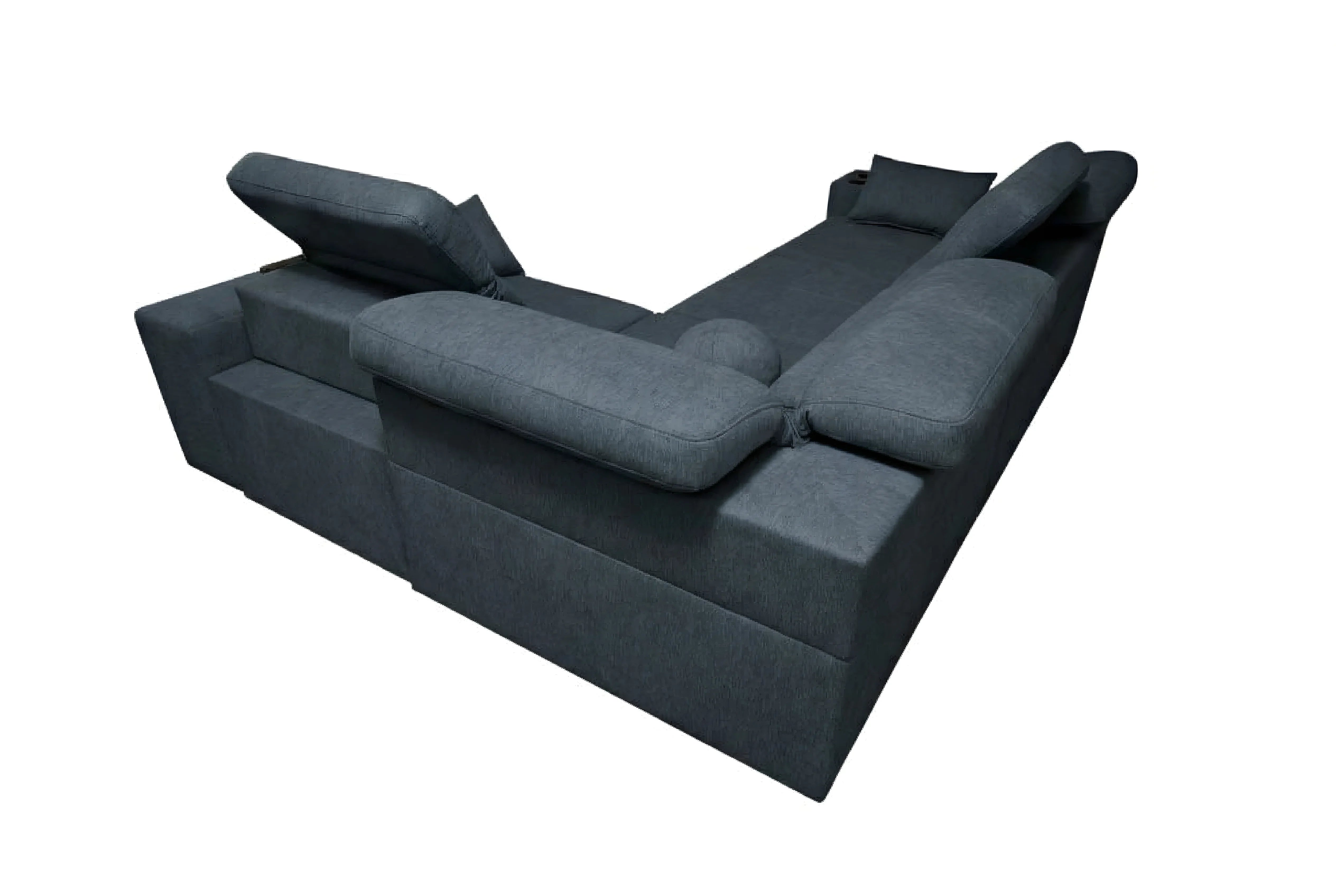 Canapé d'angle gris anthracite en tissu avec coussins, design moderne et confortable, idéal salon
