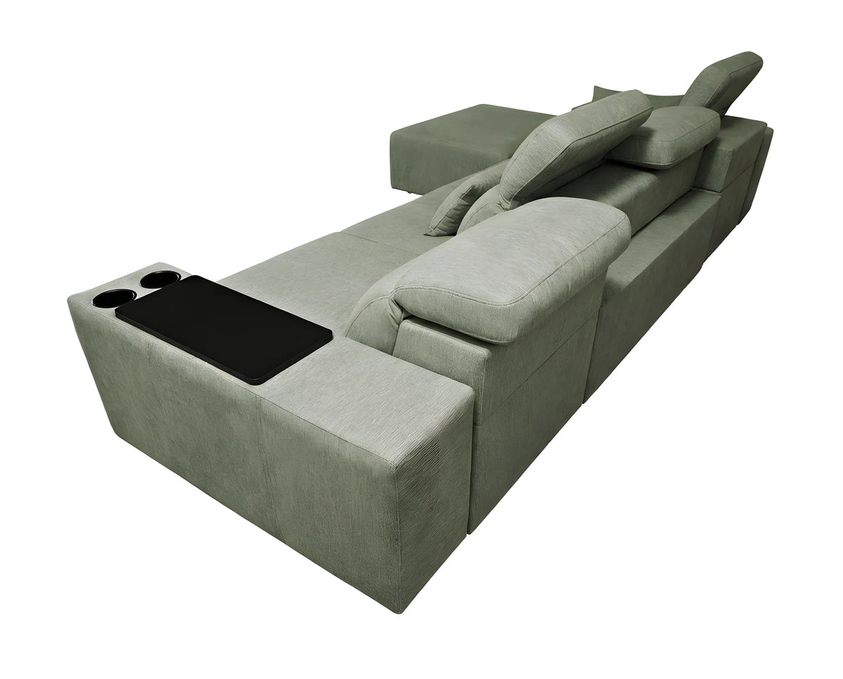 Canapé d'angle modulable gris clair en tissu avec table intégrée et porte-gobelets pour salon moderne