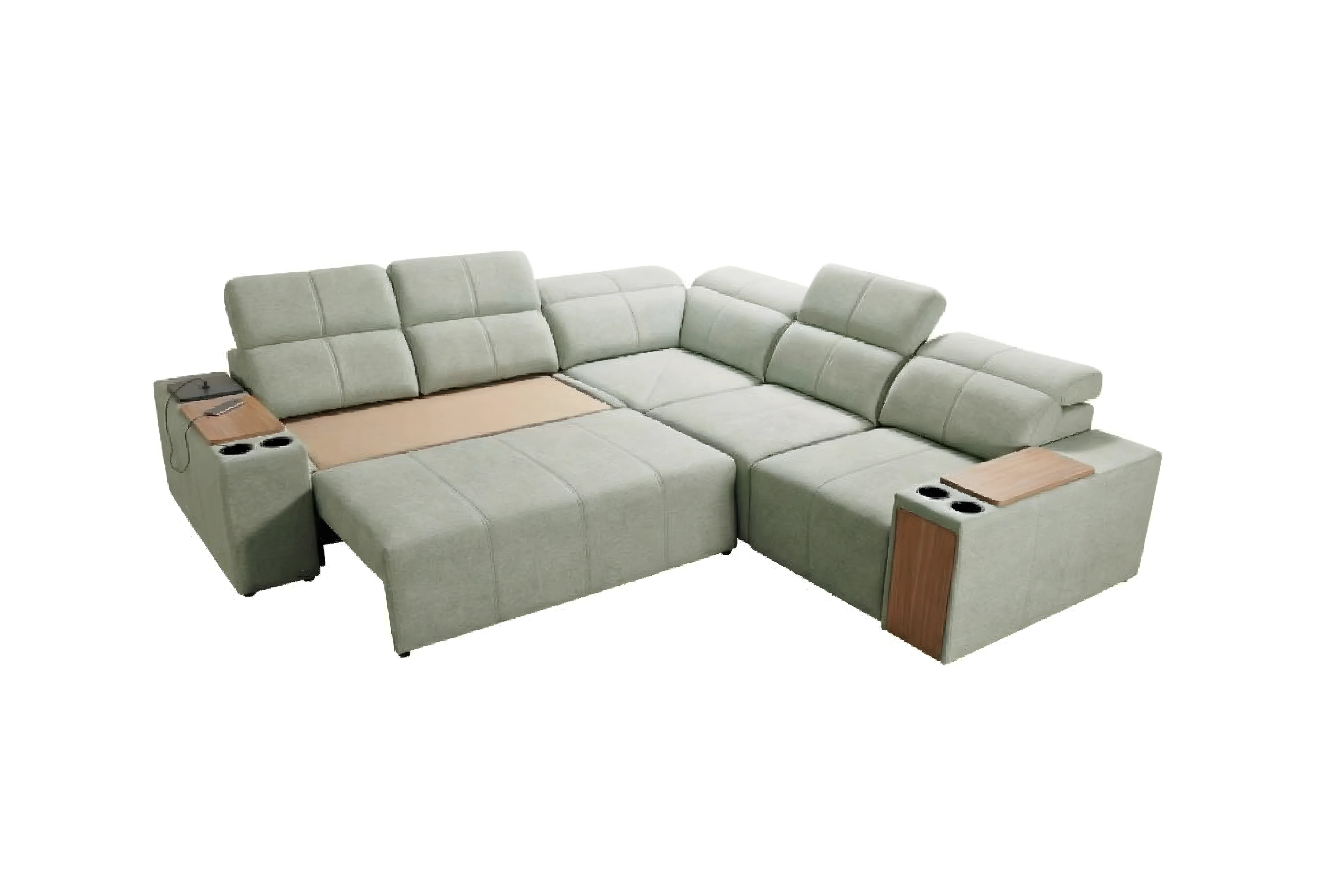 Canapé d'angle gris clair en tissu avec tablettes intégrées pour salon moderne, design et confortable