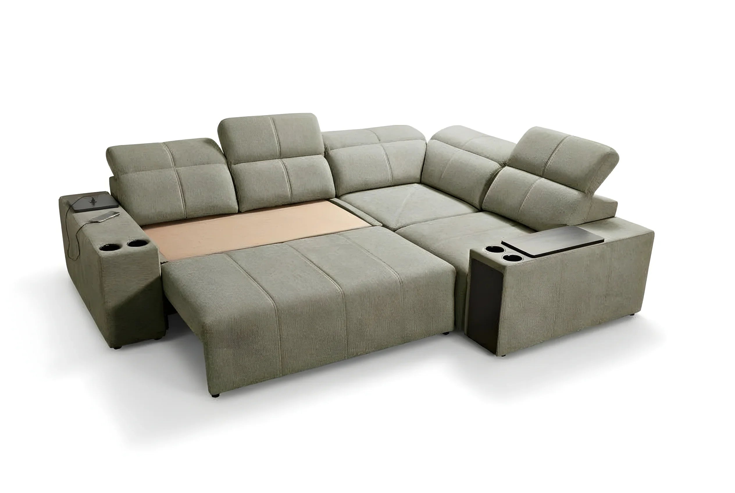 Canapé d'angle gris en tissu, modulable avec accoudoirs, porte-gobelets et tablettes, idéal salon moderne