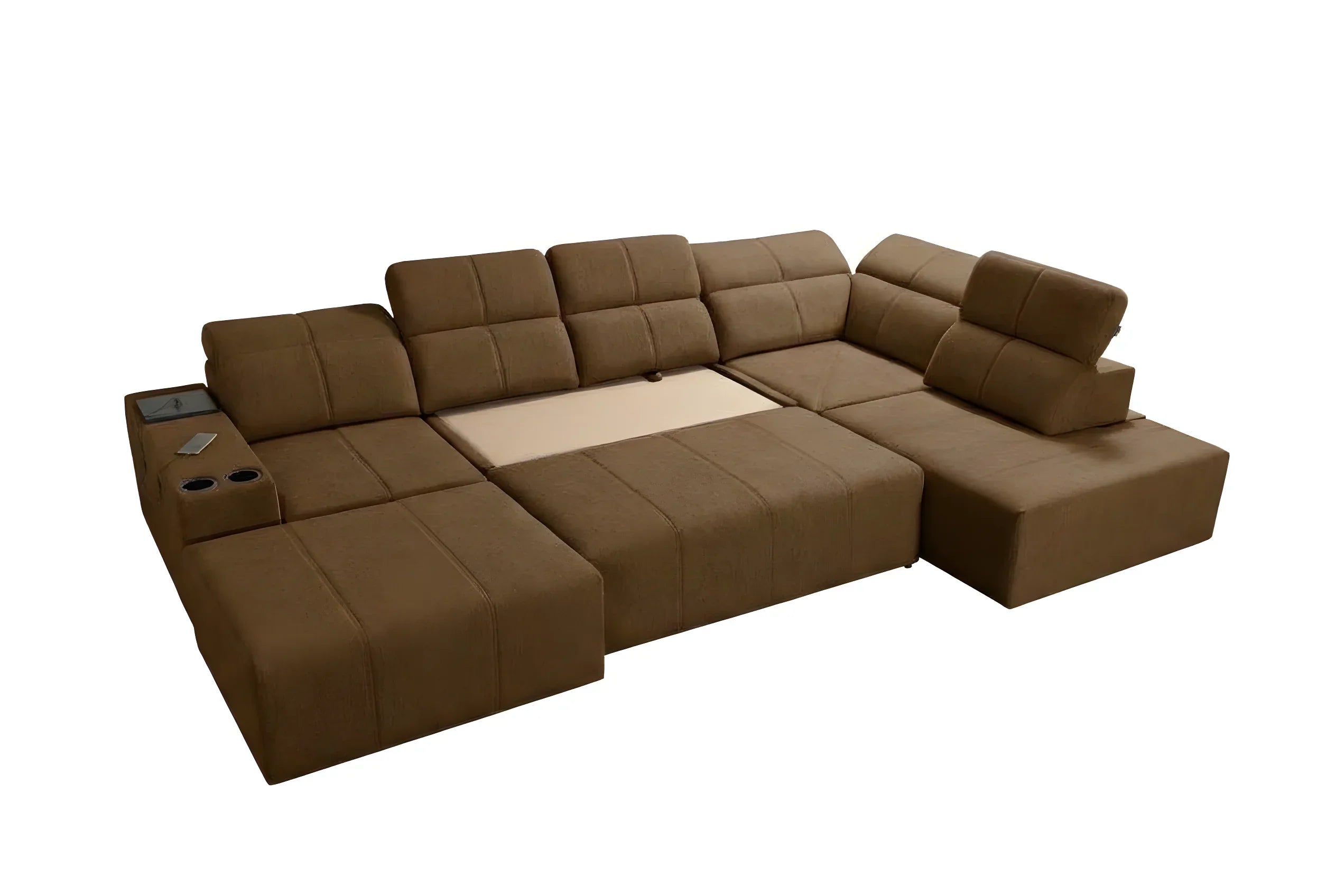 Canapé d'angle marron en tissu, design moderne et modulable avec accoudoirs et porte-gobelets, pour salon contemporain