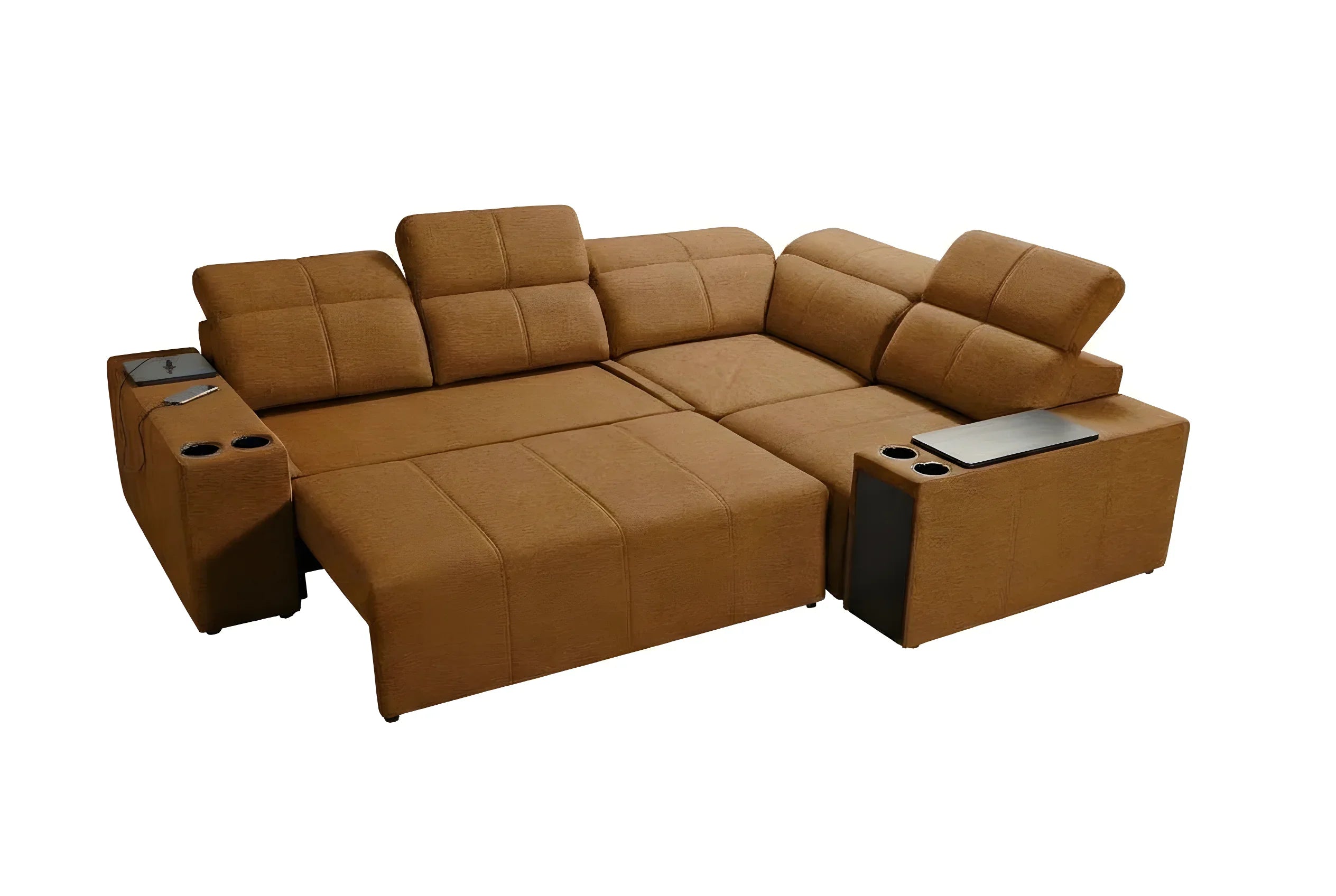 Canapé d'angle marron en tissu avec accoudoirs, porte-gobelets intégrés pour salon moderne