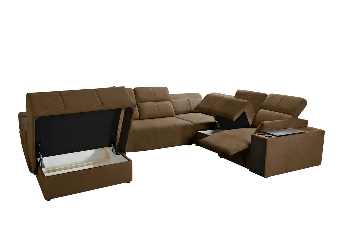 Canapé d'angle marron en tissu avec assises capitonnées, dossier inclinable, et fonction rangement, idéal salon moderne