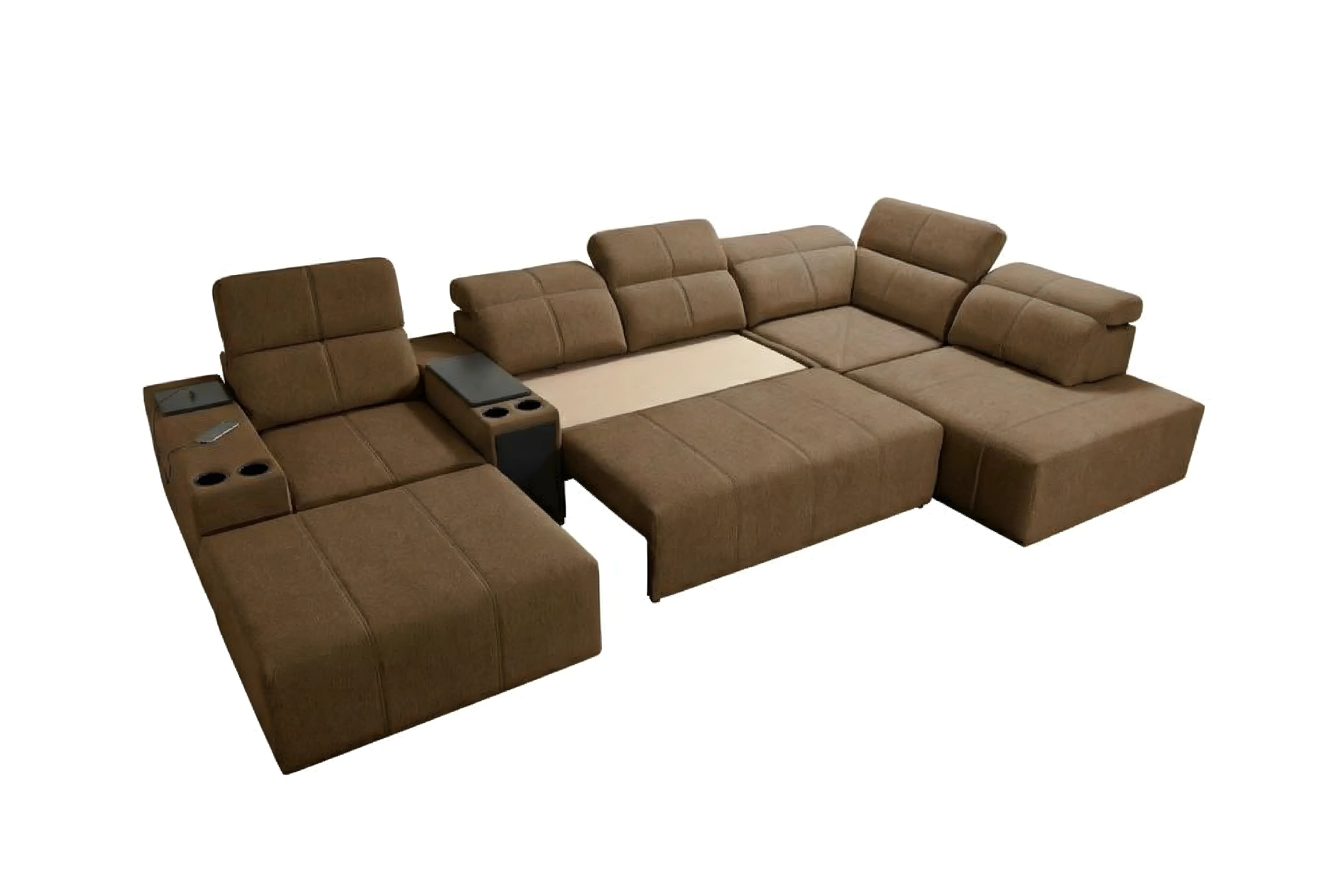Canapé d'angle modulable marron en tissu microfibre, avec accoudoirs, porte-gobelets, idéal salon moderne