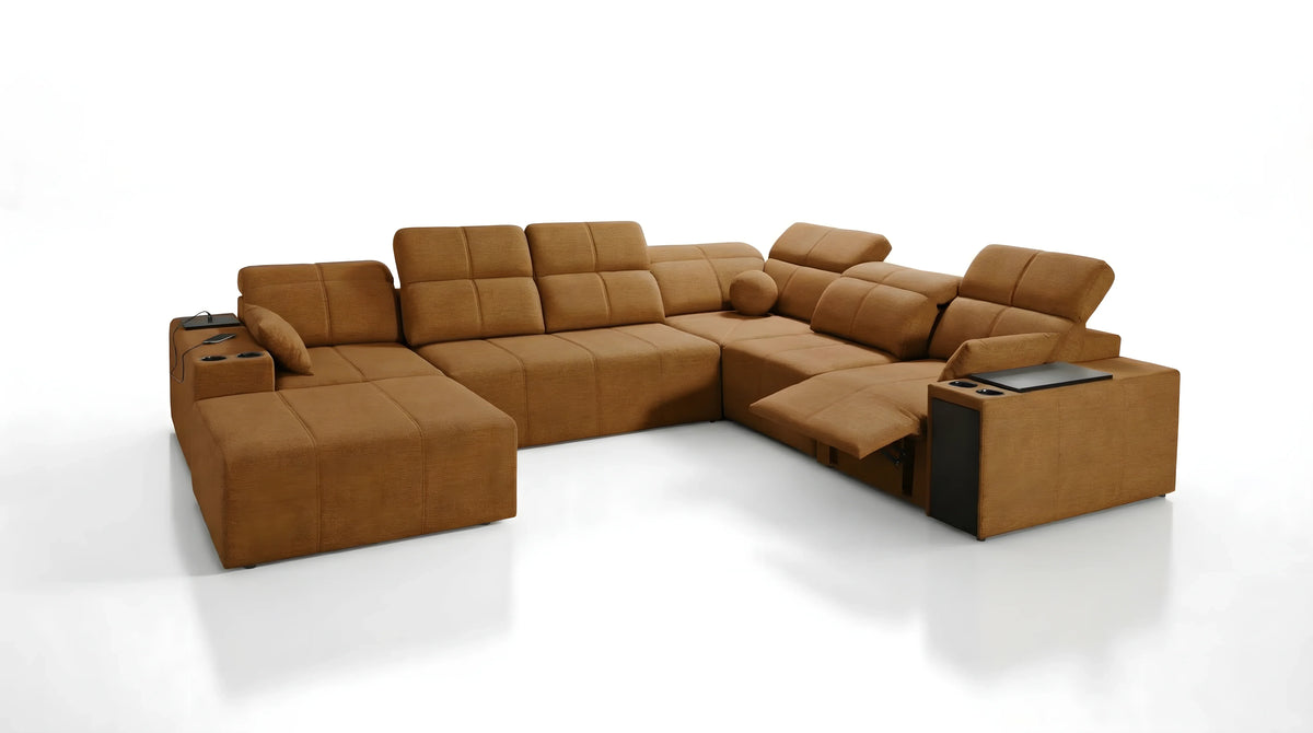 Canapé d'angle marron en tissu avec accoudoirs, table intégrée et têtières ajustables, idéal salon moderne