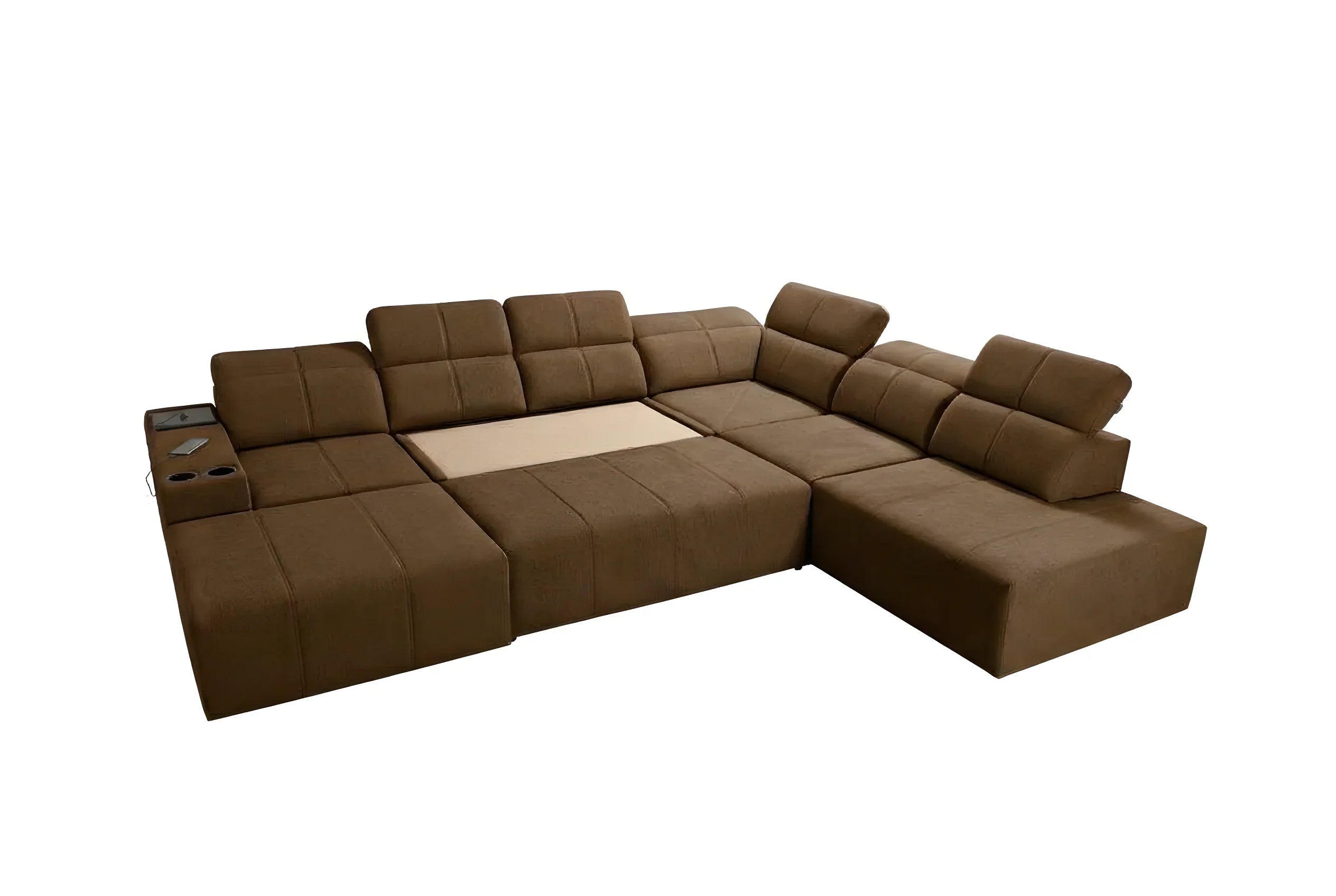 Canapé d'angle marron en tissu, design moderne avec coussins carrés, idéal pour salon contemporain.