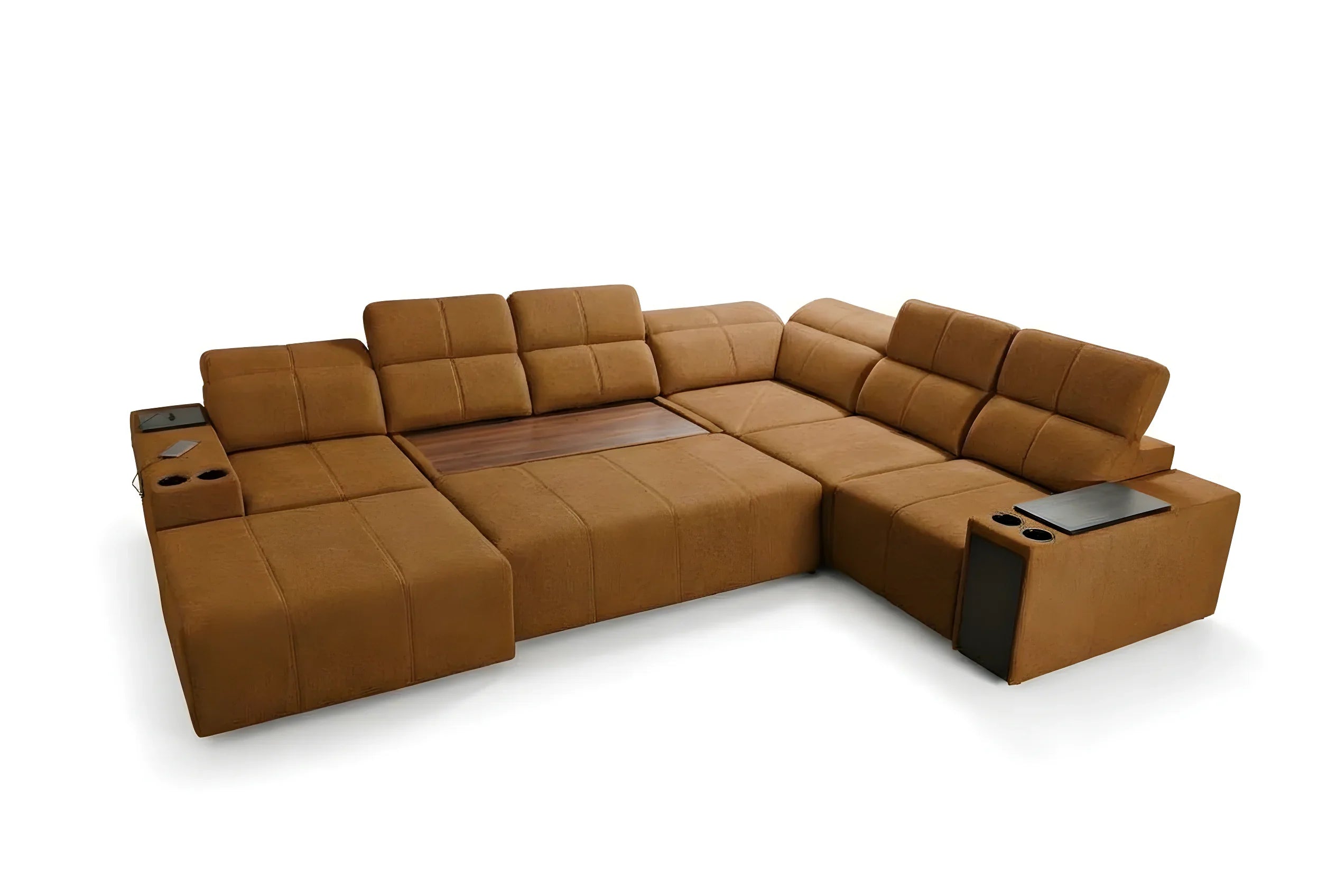 Canapé d'angle marron en tissu avec accoudoirs, tablettes et porte-gobelets, design contemporain, salon
