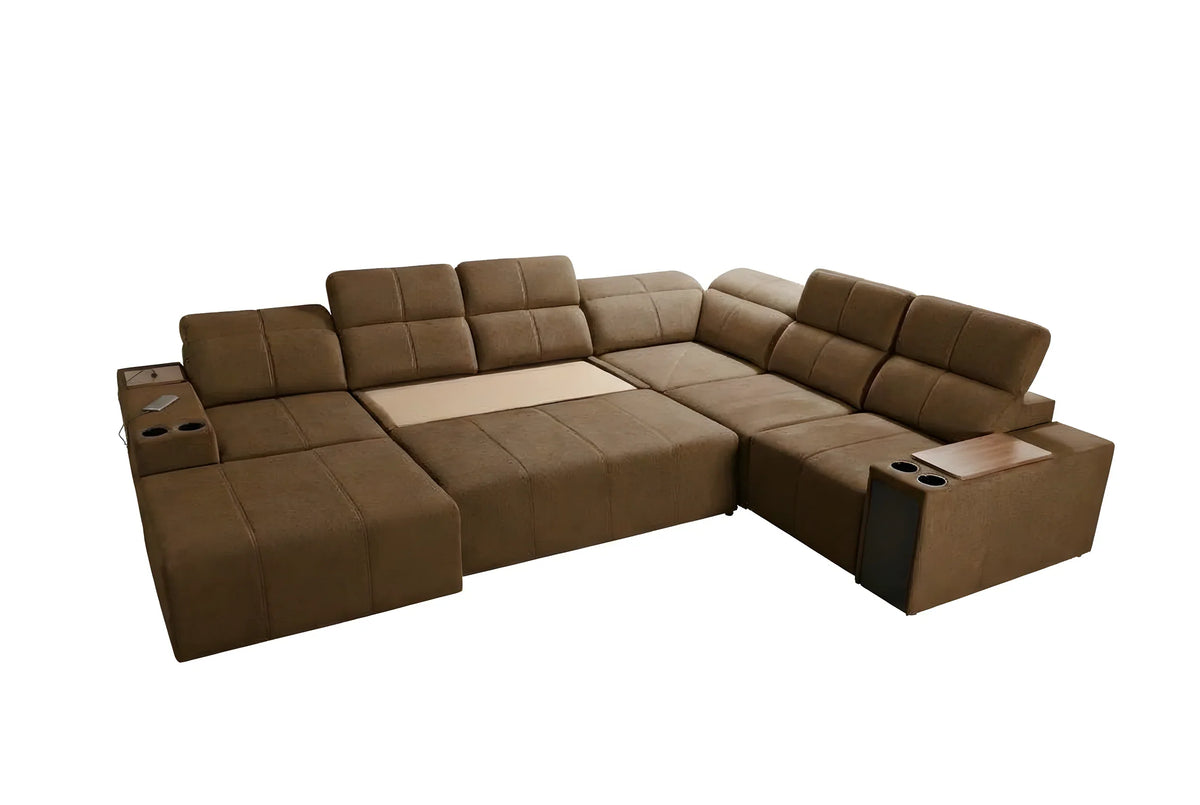 Canapé d'angle marron en tissu avec accoudoirs et porte-gobelets, design moderne pour salon