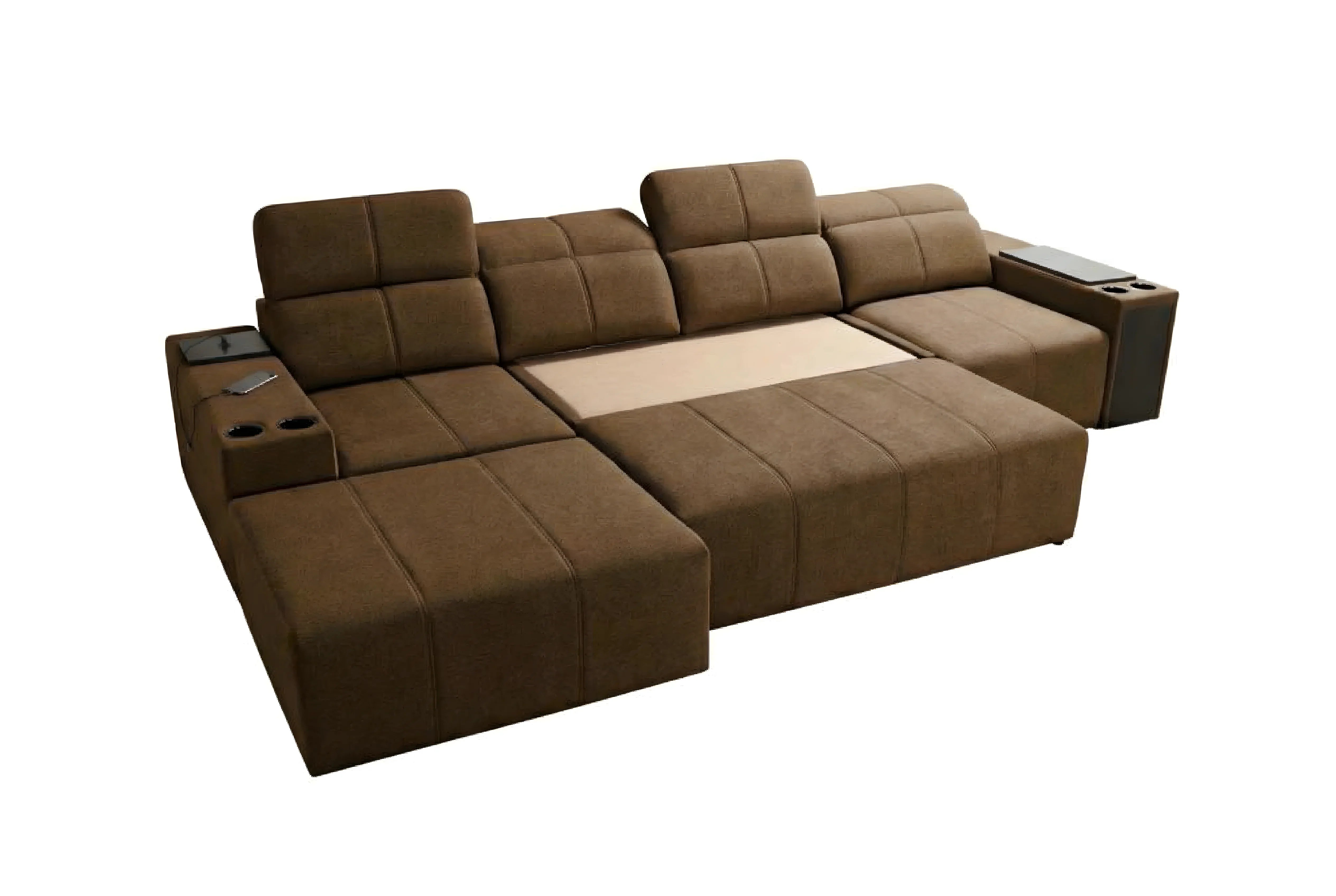 Canapé sectionnel marron en tissu avec accoudoirs incorporés, porte-gobelets et tablettes pour salon moderne.