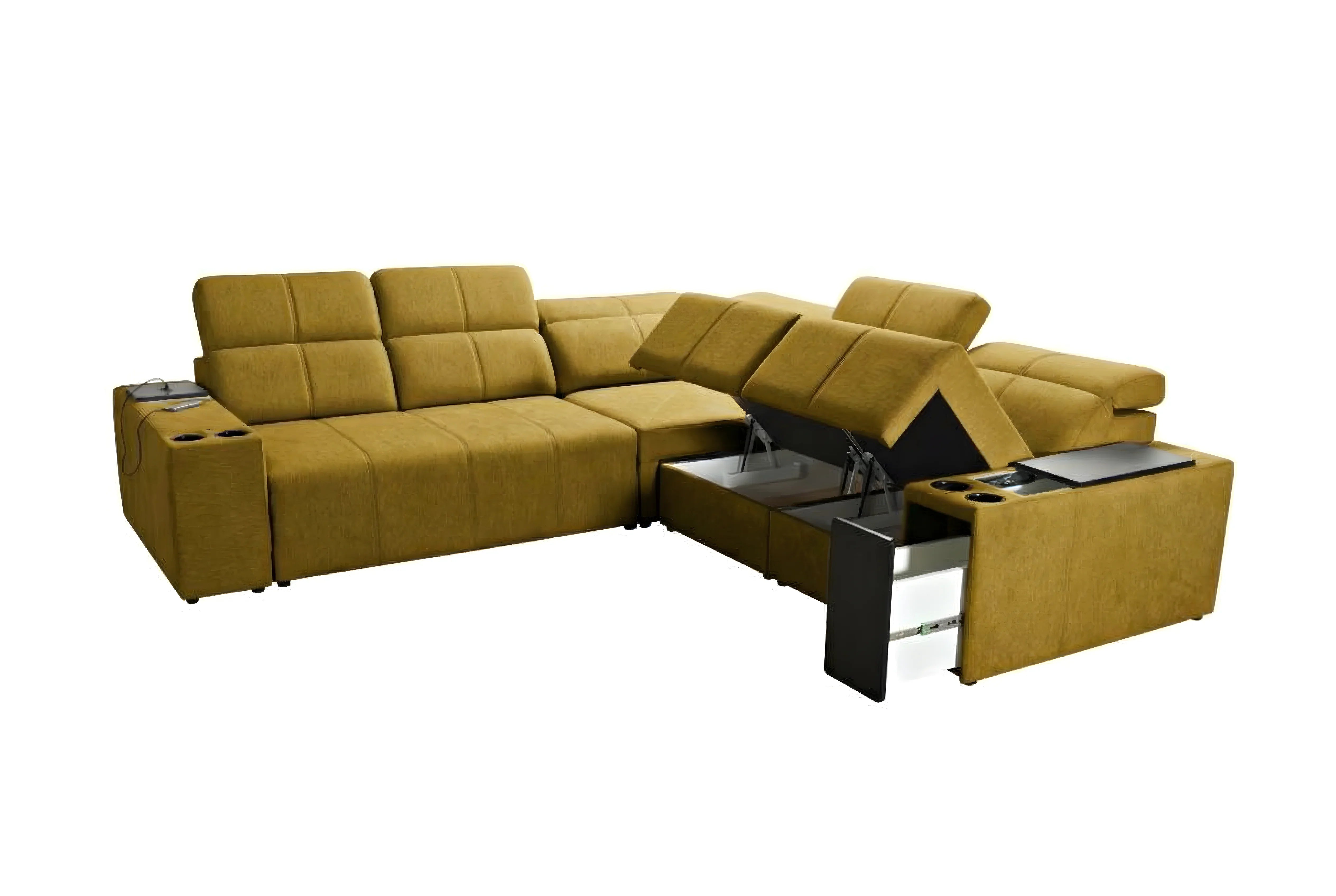 Canapé d'angle moutarde en tissu avec accoudoirs, porte-gobelets, rangement et tablettes, idéal salon, design moderne.