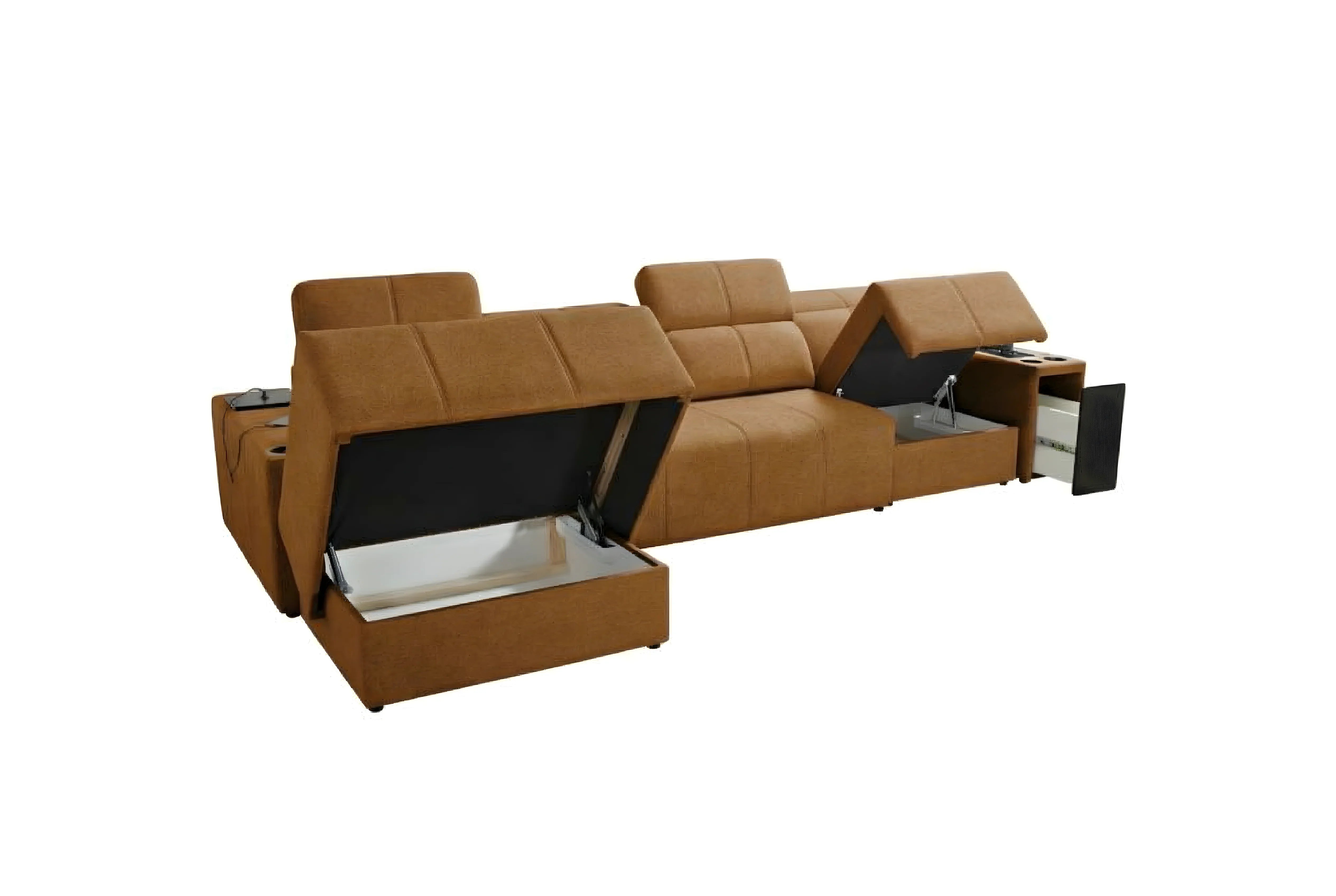 Canapé d'angle tissu marron avec coffres de rangement ouverts, idéal salon moderne