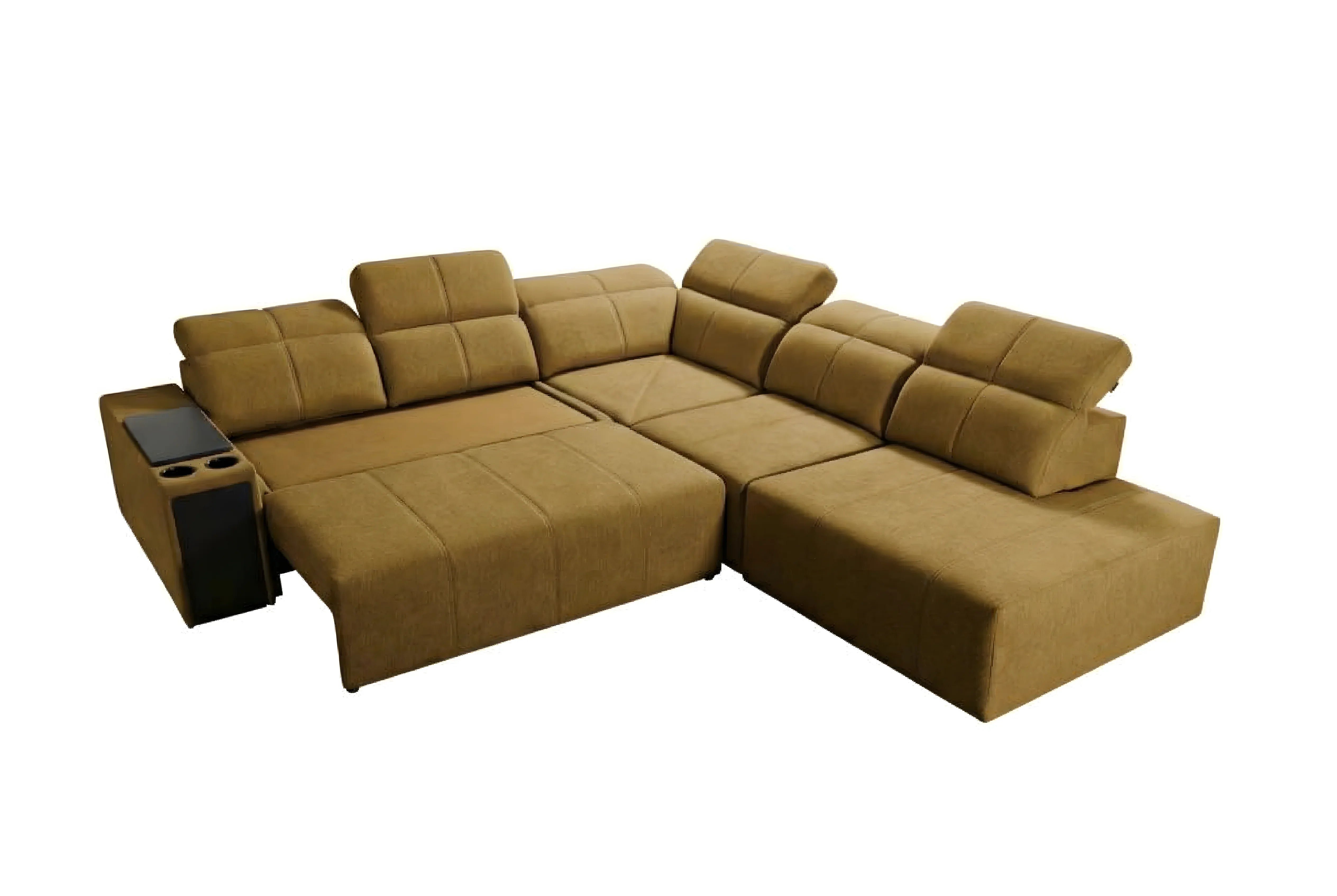 Canapé d'angle en tissu moutarde, design contemporain avec accoudoir et repose-têtes réglables, pour salon moderne