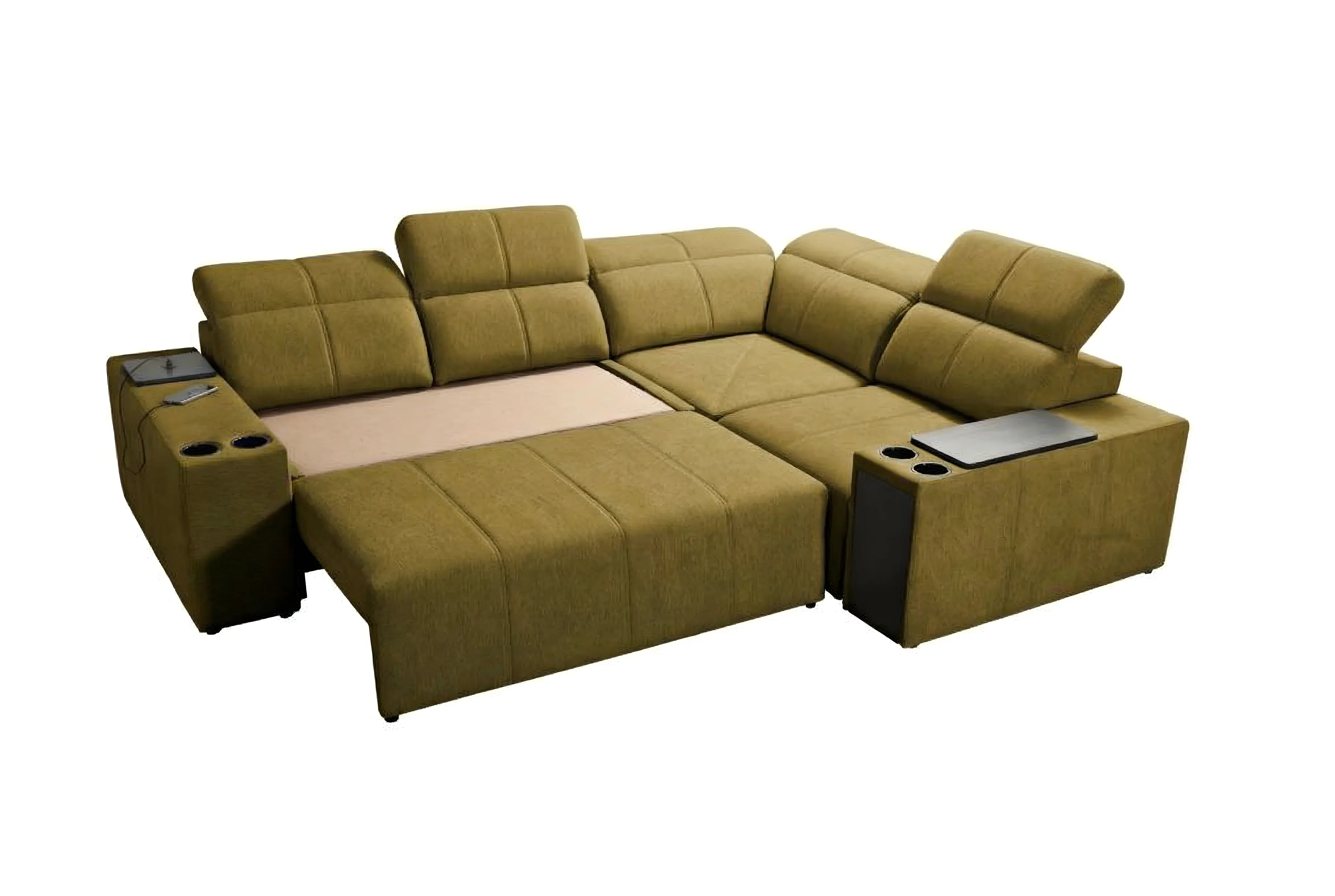 Canapé d'angle vert olive en tissu avec accoudoirs, porte-gobelets et tablettes, idéal salon moderne