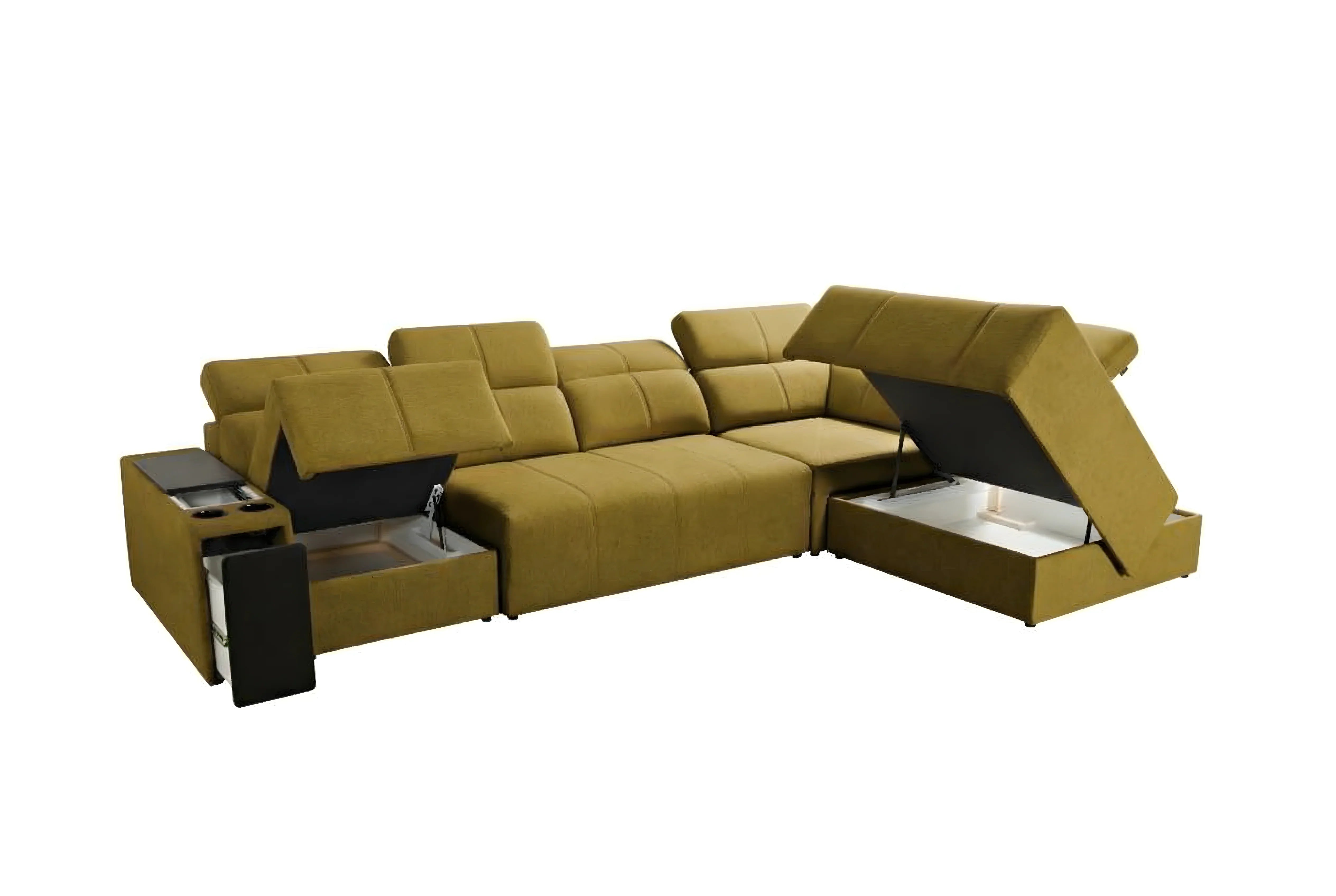 Canapé d'angle vert en tissu avec coffres de rangement ouverts, idéal salon moderne