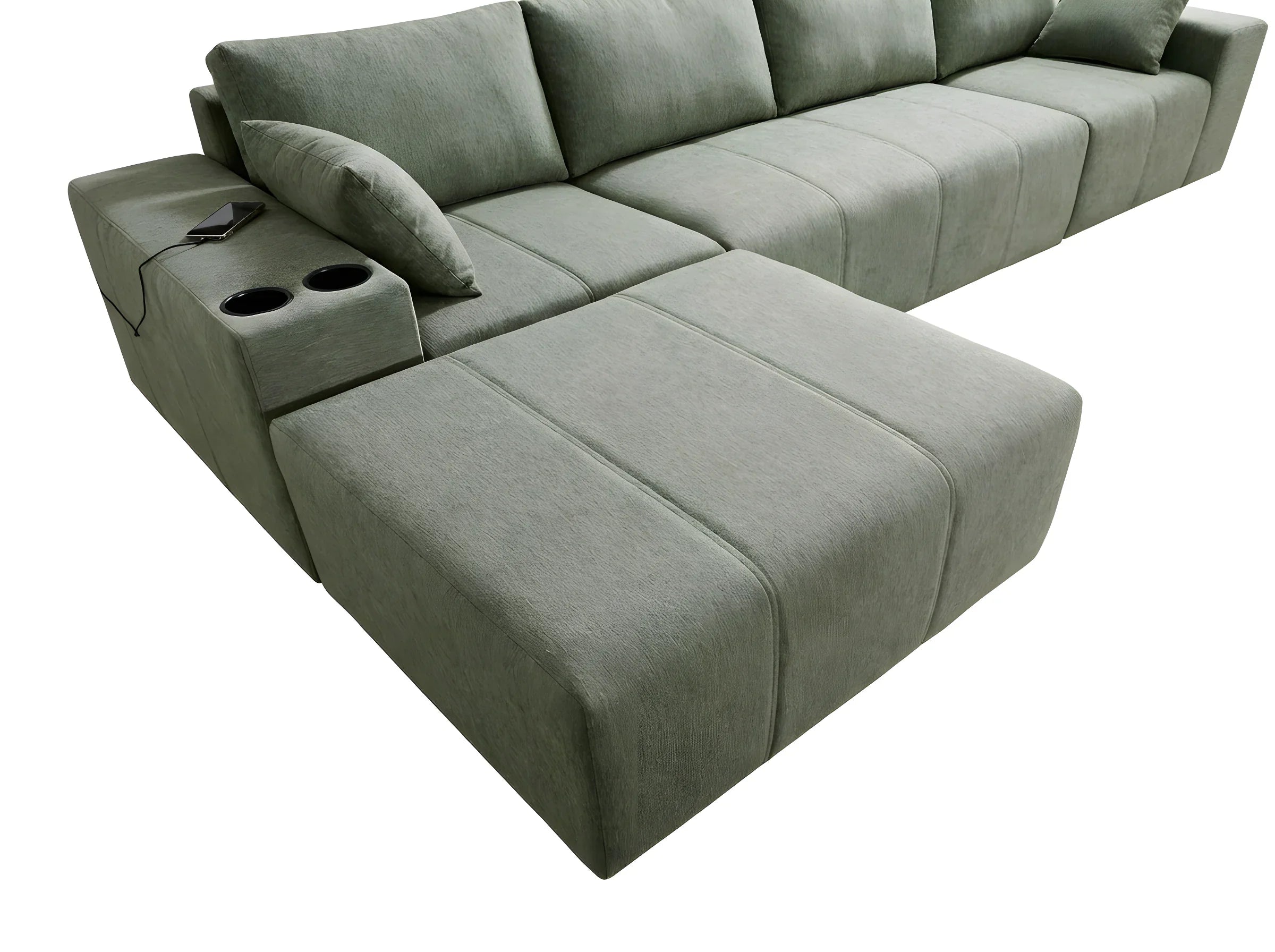 Canapé d'angle vert en tissu avec coussins, design moderne et pieds invisibles, idéal salon