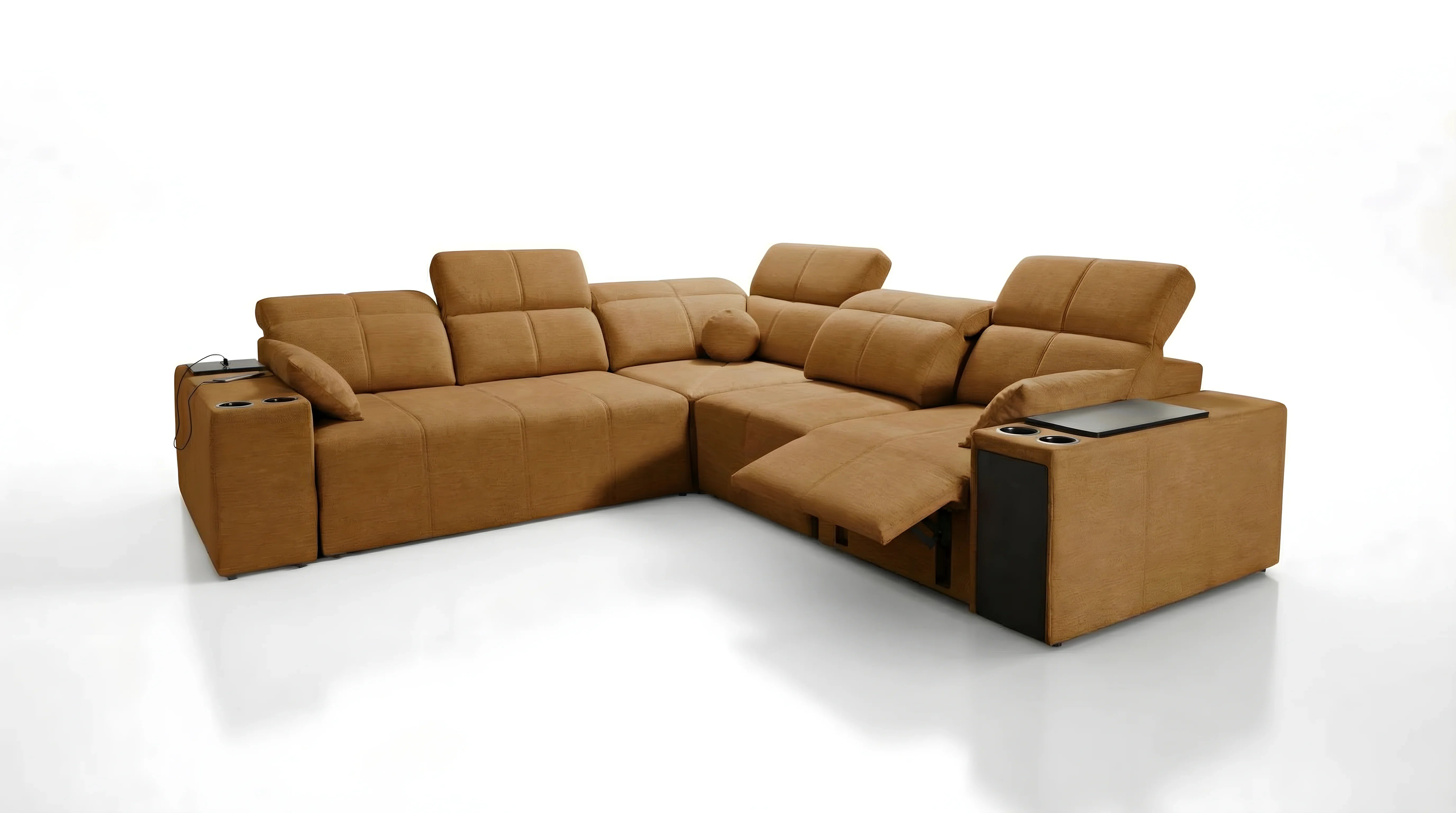 Canapé d'angle marron en tissu avec accoudoirs et porte-gobelets, idéal pour un salon moderne et confortable