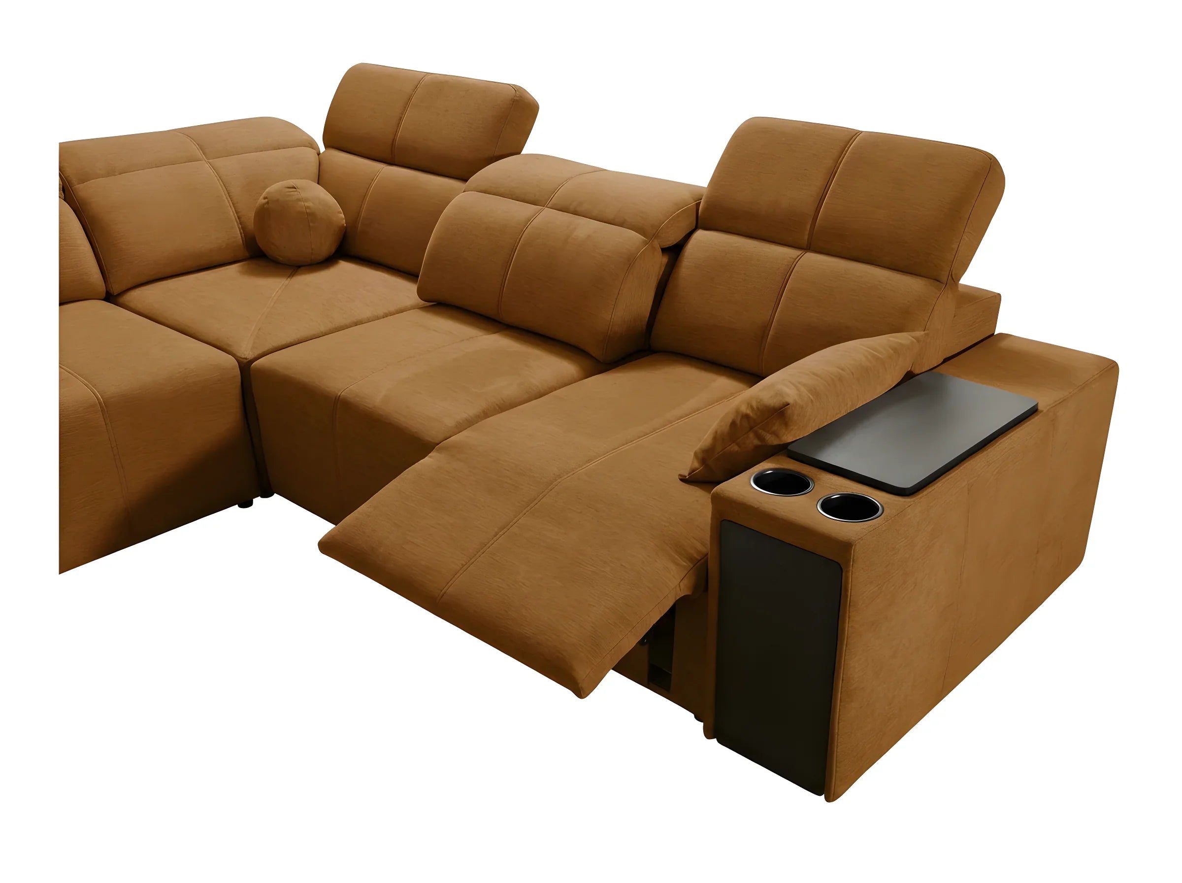 Canapé d'angle marron en tissu avec accoudoirs, design moderne, idéal salon. Détails coutures et assises confortables.