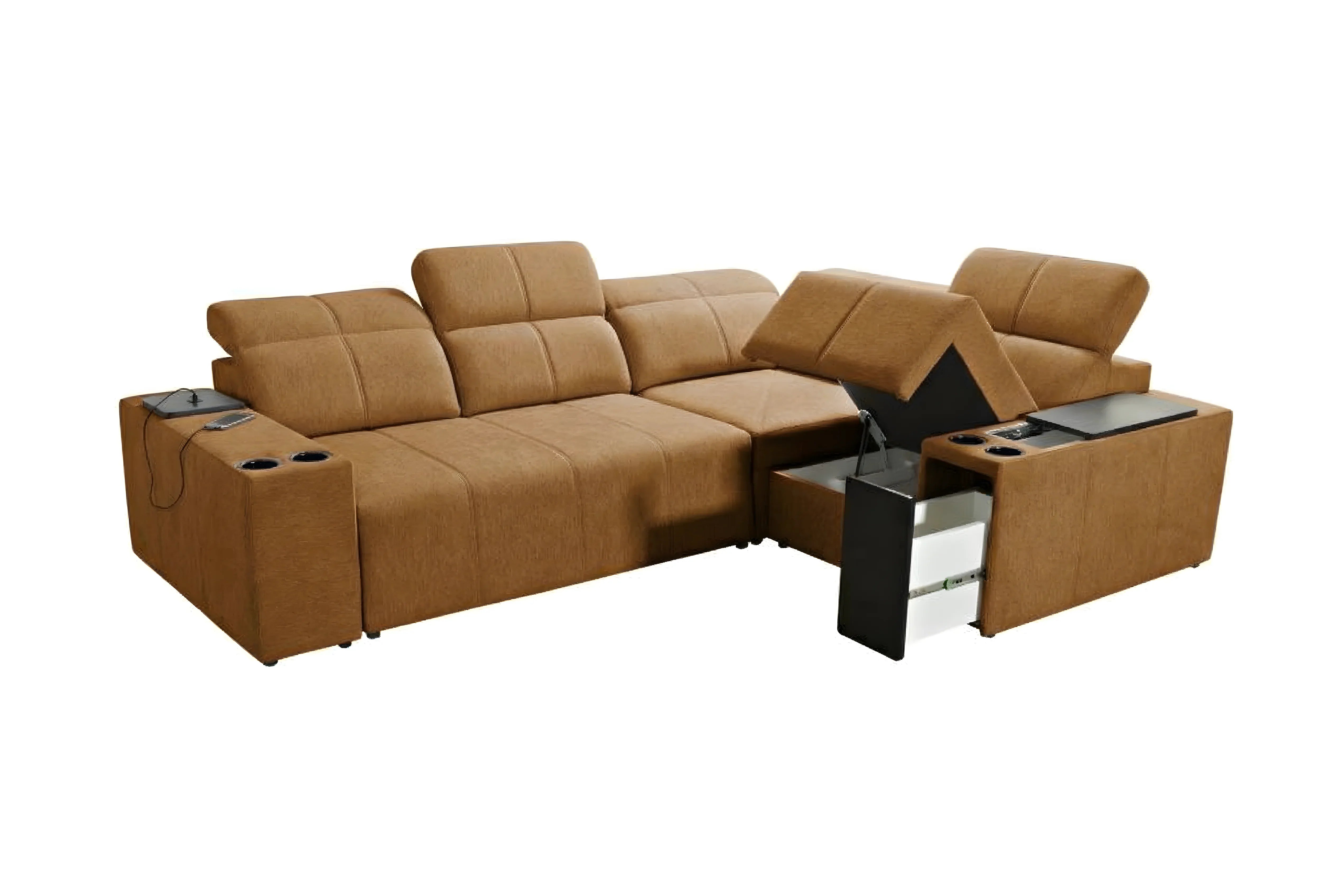 Canapé d'angle relaxable en tissu marron pour salon, avec accoudoirs, porte-gobelets et rangements intégrés