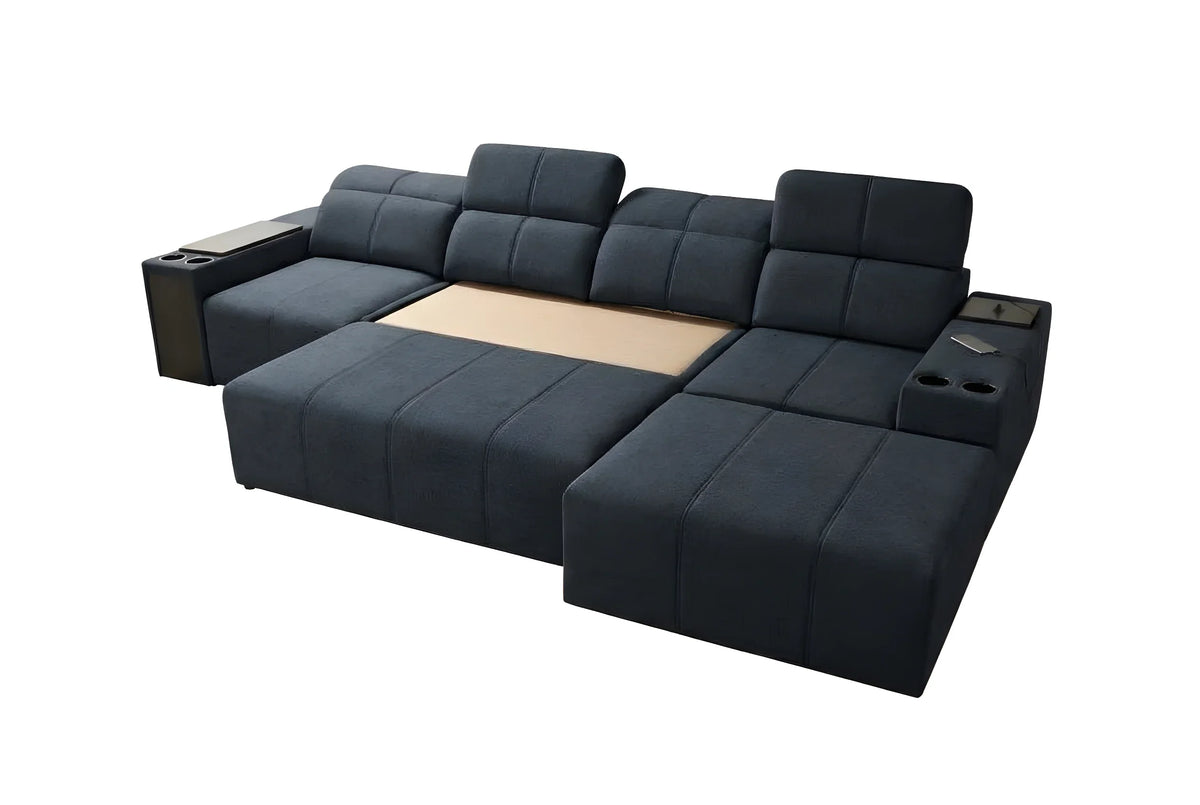 Canapé d'angle bleu nuit en tissu microfibre, avec accoudoirs et porte-gobelets, pour salon moderne et confortable