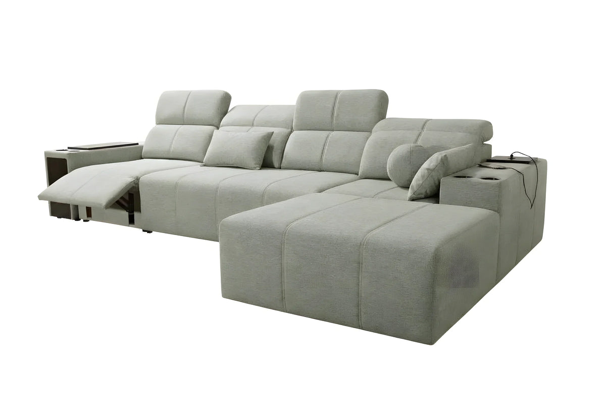 Canapé d'angle gris clair en tissu avec têtières réglables, pour salon moderne et confortable