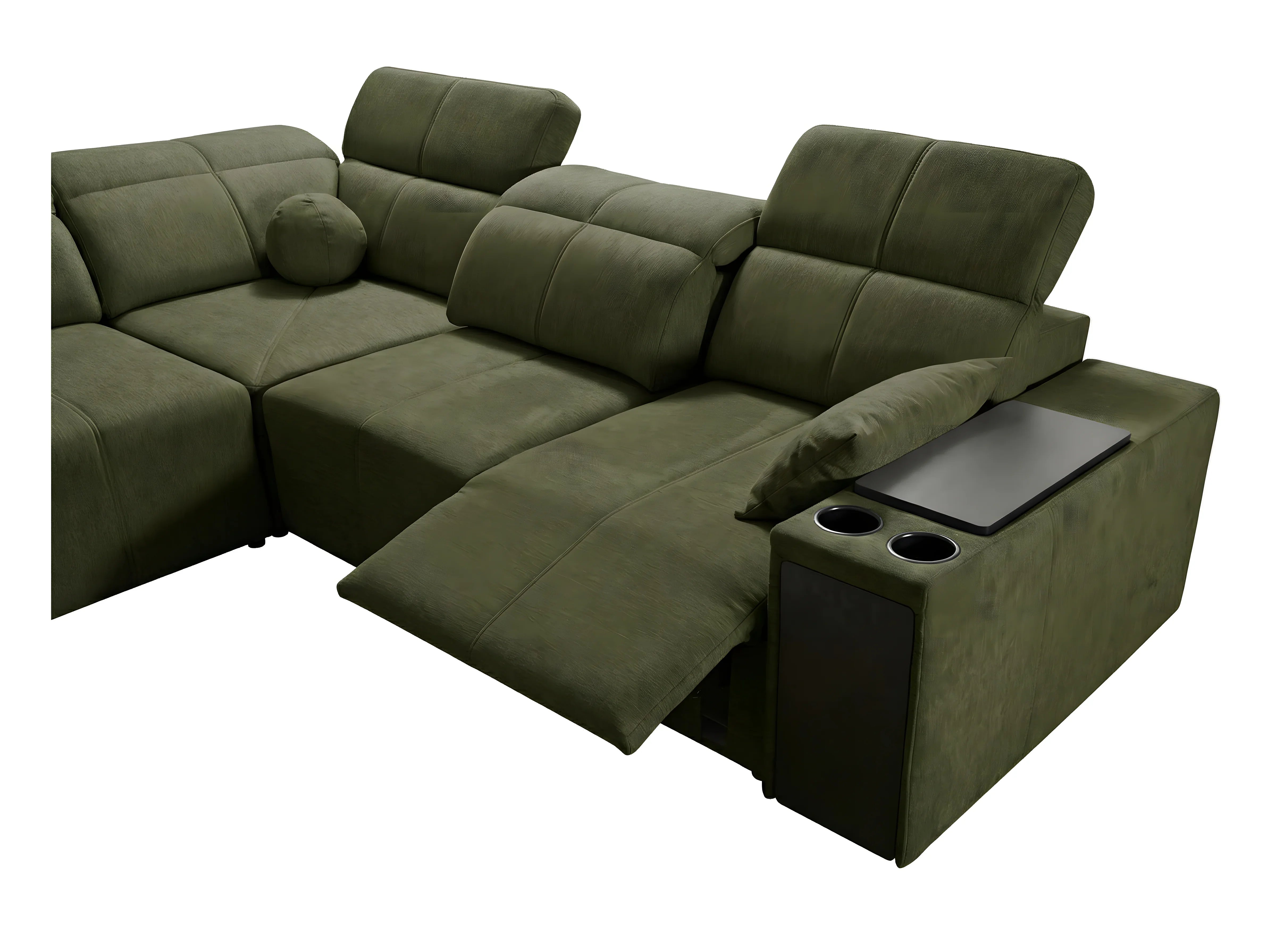 Canapé d'angle vert en tissu microfibre avec accoudoirs, tablettes et porte-gobelets, design moderne, salon