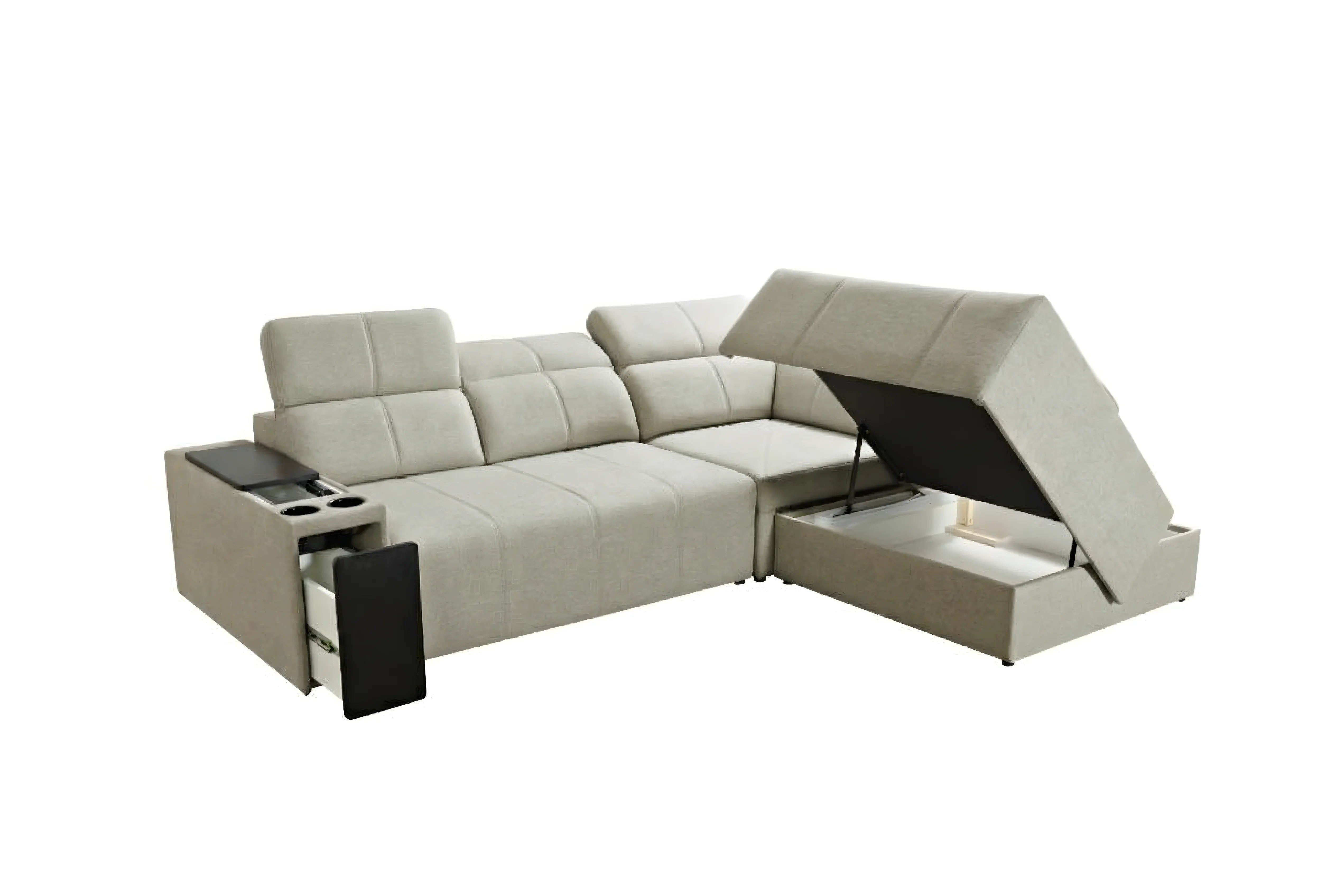 Canapé d'angle en tissu beige clair avec assise capitonnée et accoudoirs, rangement intégré, et porte-gobelets, pour salon moderne